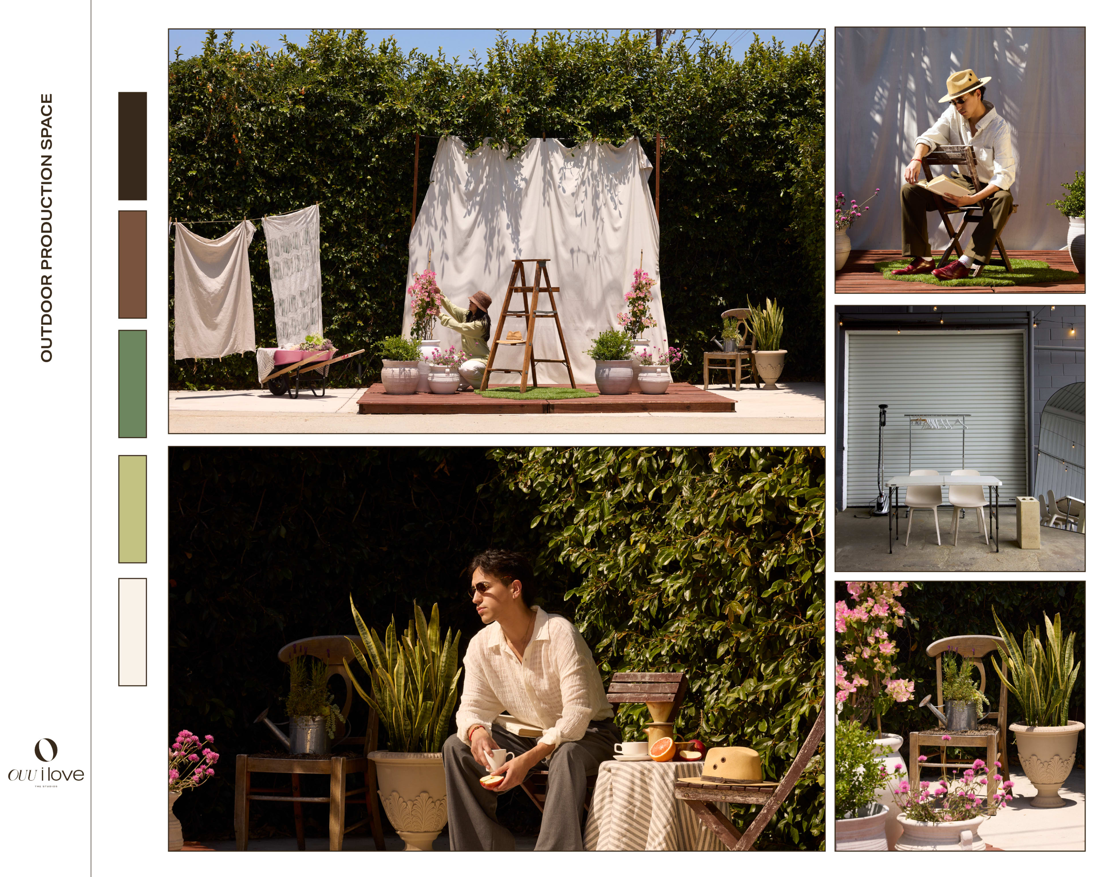 The image shows an outdoor production space featuring a wooden ladder, potted plants, a model sitting near a table with fruits, and white fabric drapes as a backdrop.