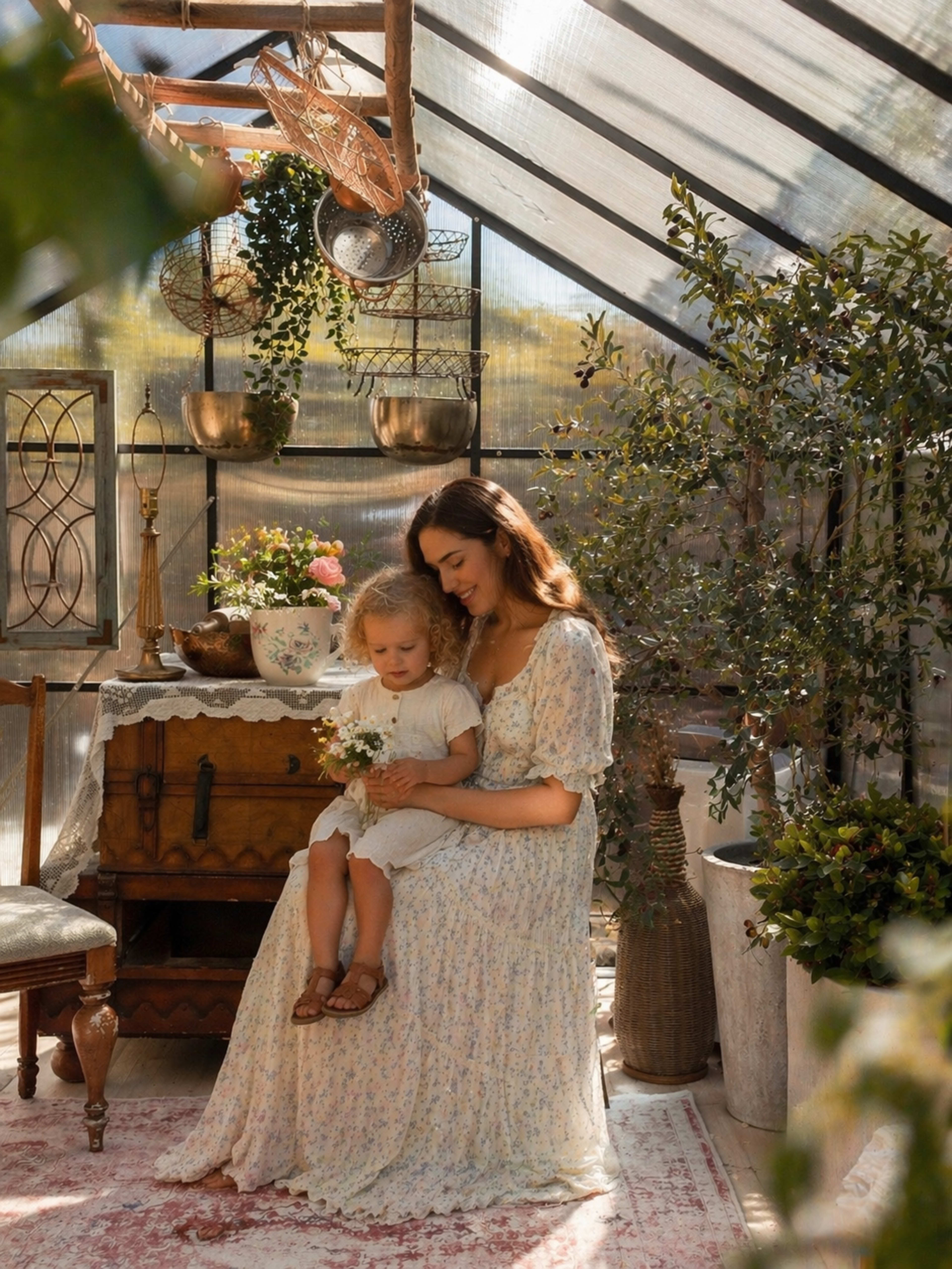 A woman sits on a chair in a greenhouse, holding a small child who is holding flowers, surrounded by greenery and decorative items.