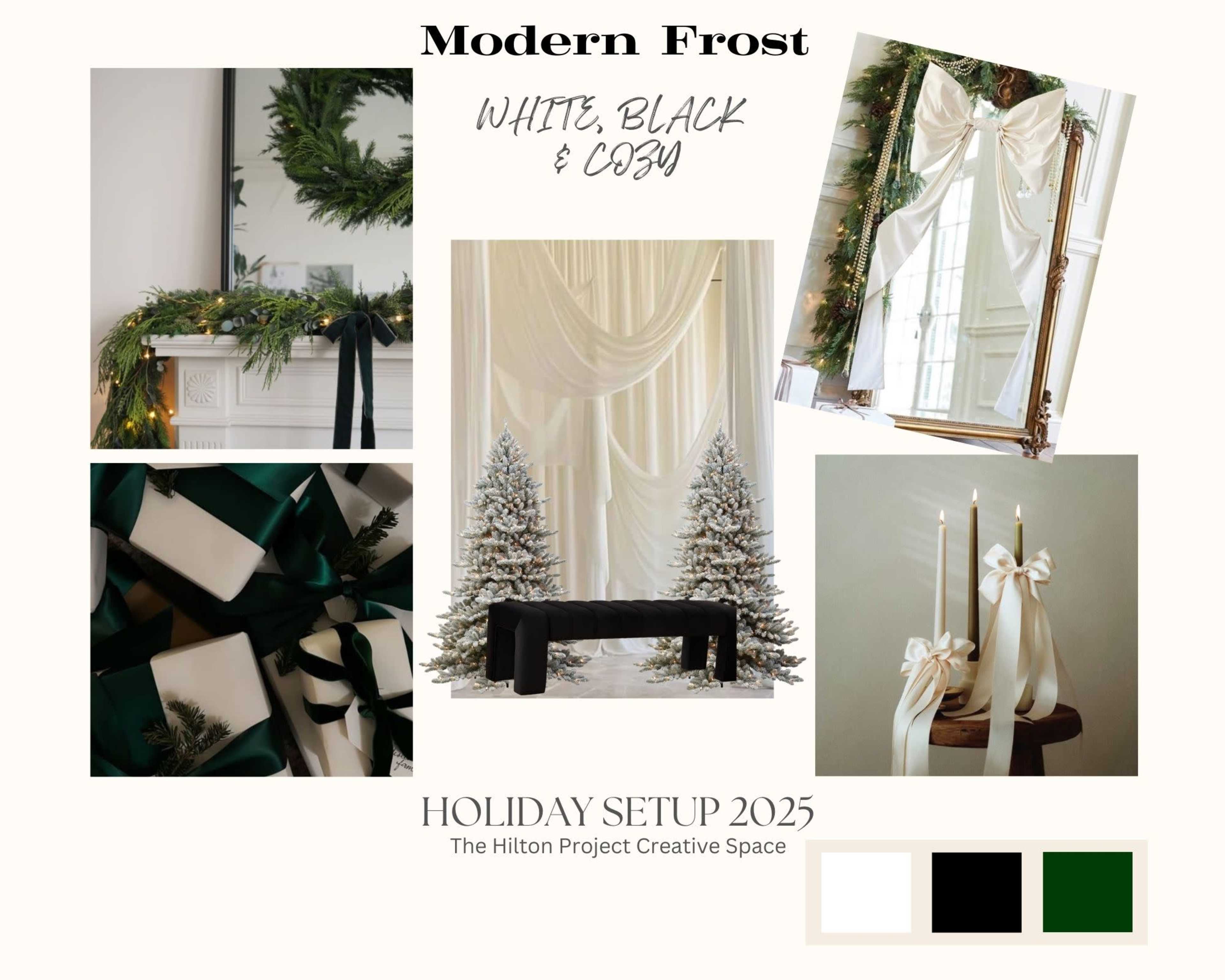 The image showcases a holiday setup mood board featuring elements in white, black, and green, including decorated greenery, elegantly draped fabric, wrapped gifts, a minimalistic table arrangement, and a winter scene with white trees.