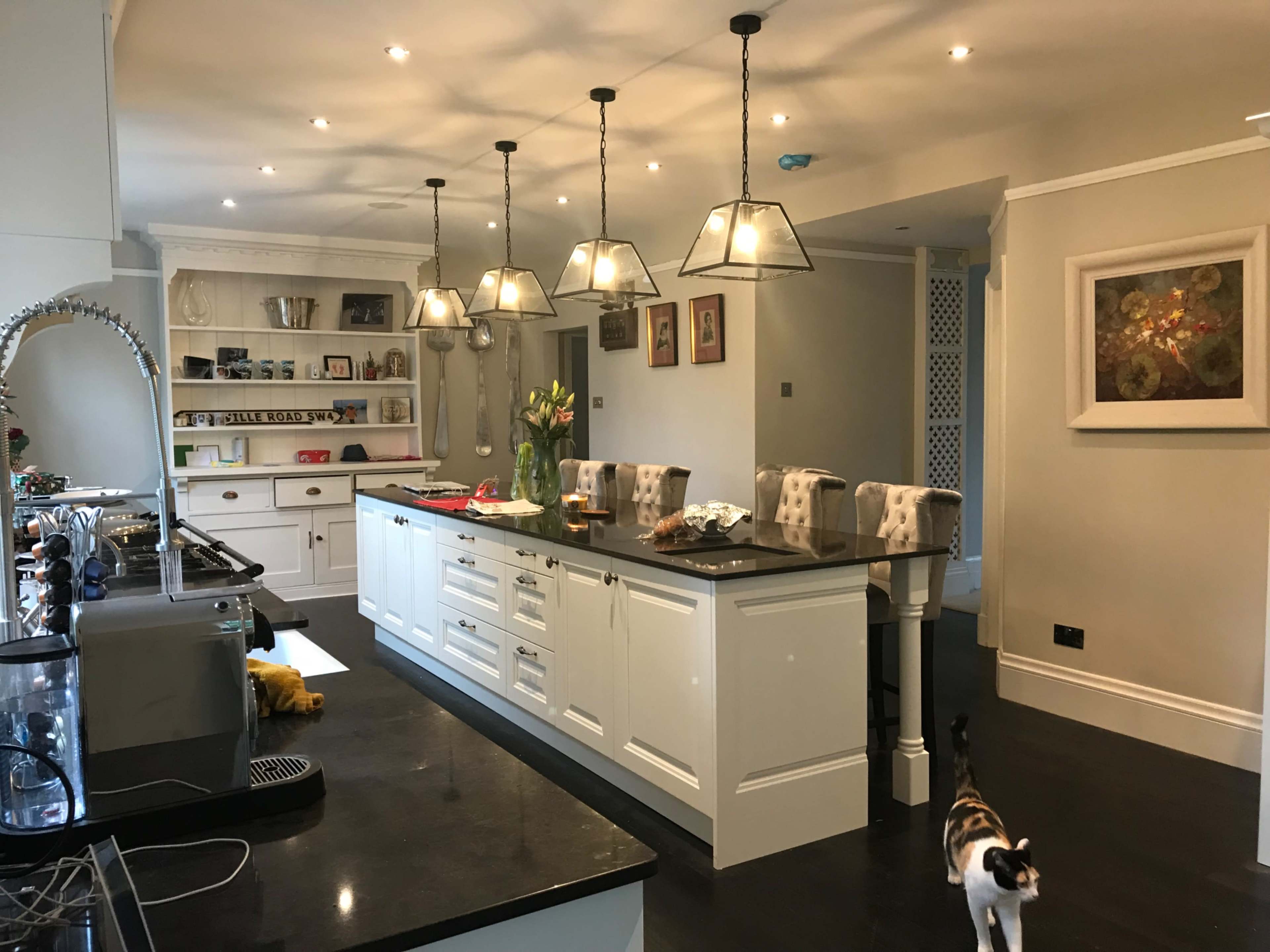 A modern kitchen features a central island with pendant lighting, shelves, and a cat walking along the floor.