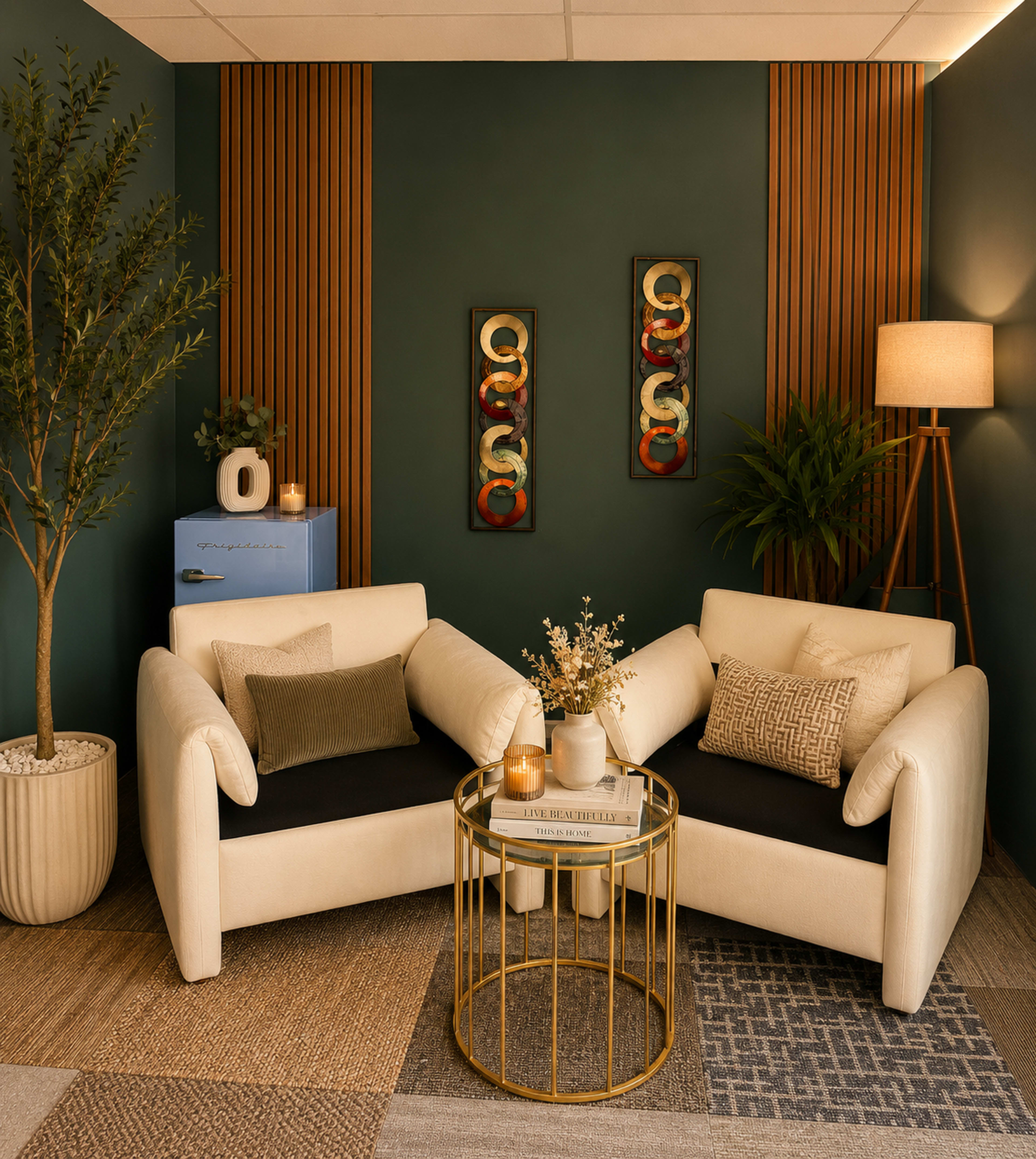 A cozy corner features two white upholstered sofas facing each other with a glass-topped table in between, surrounded by decorative plants and art on the walls.