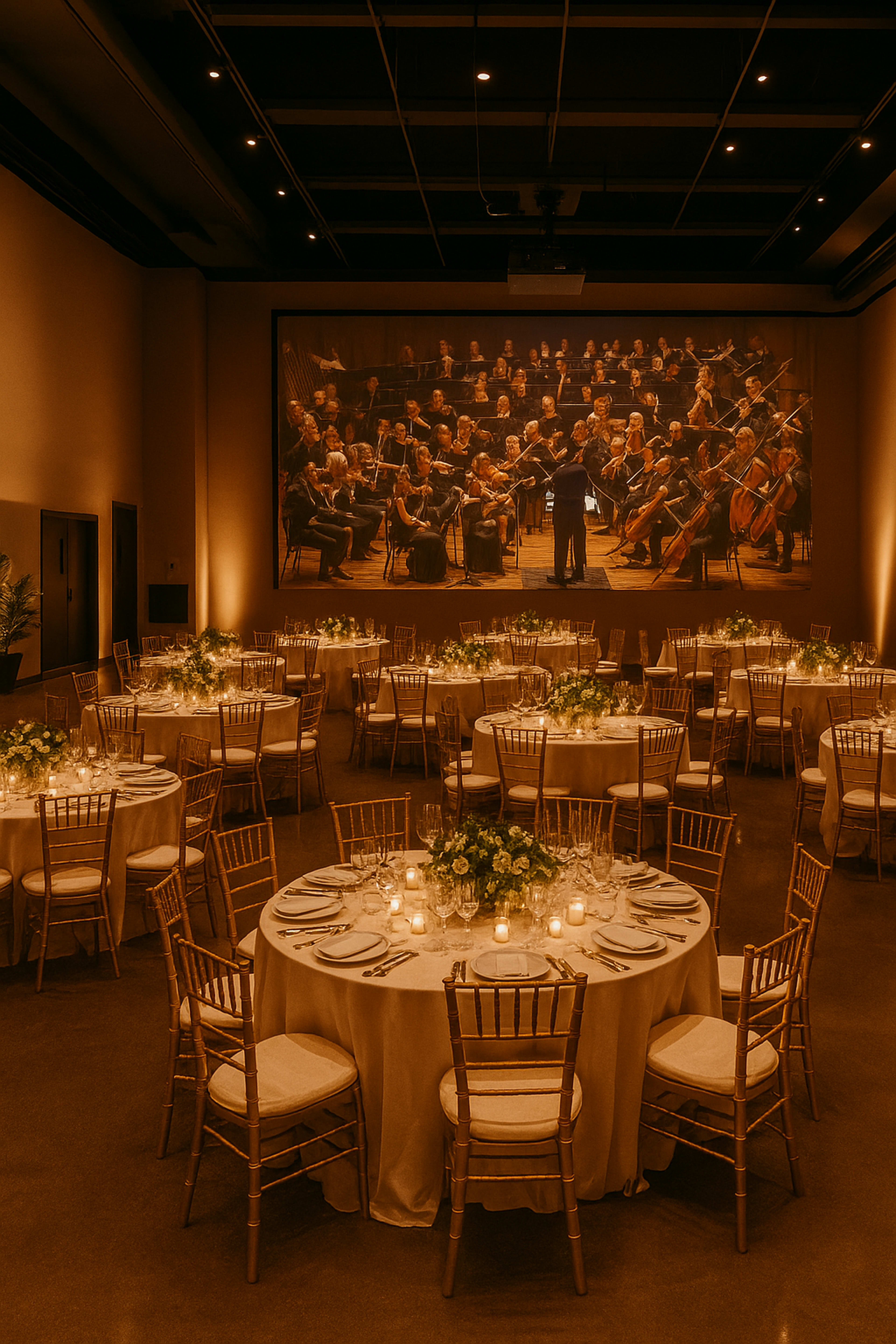 The image displays an elegant event space with round tables set for dining, featuring floral centerpieces and candles, alongside a large mural of an orchestra on the wall.