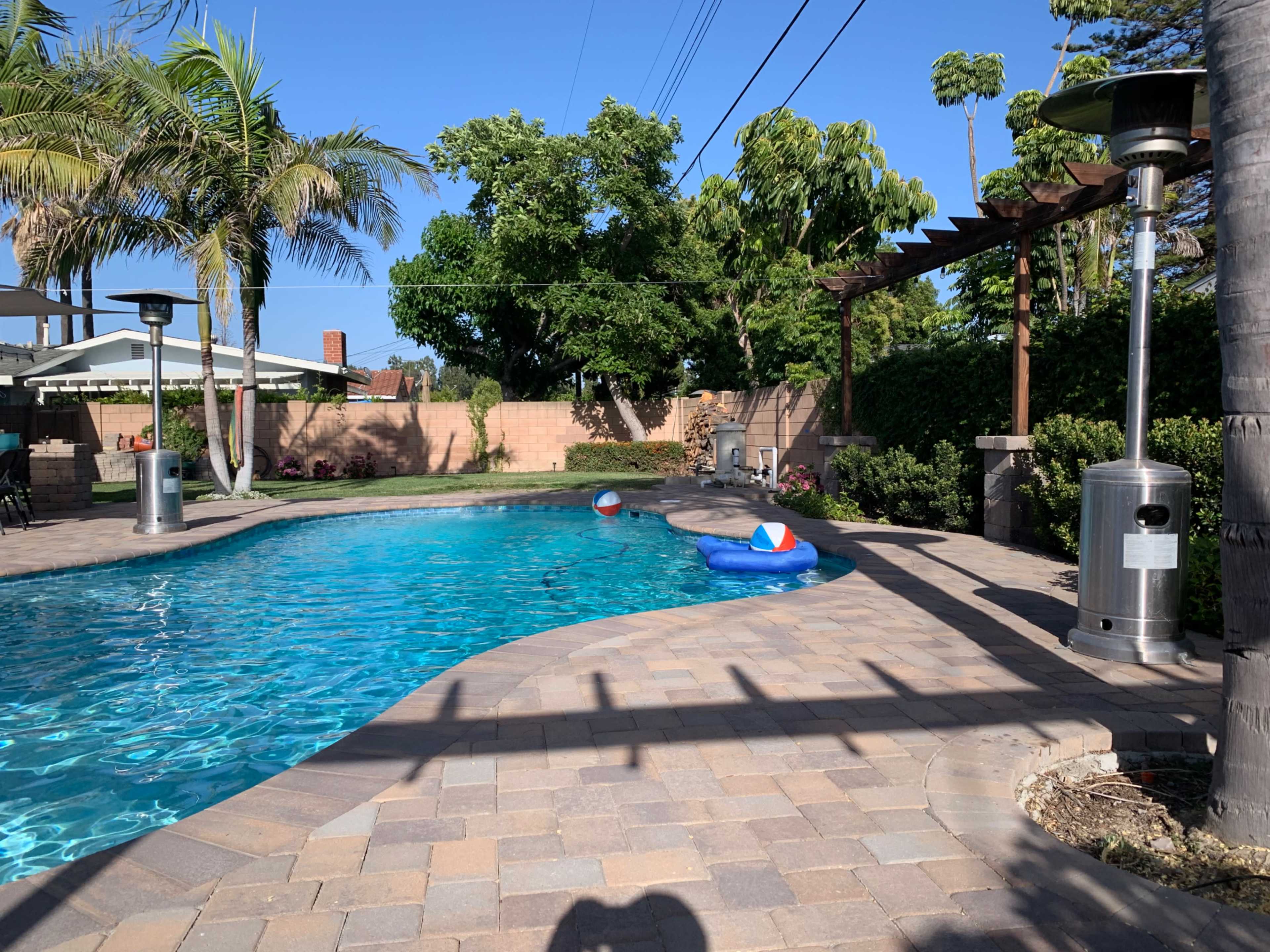 The scene shows a swimming pool surrounded by paved areas, palm trees, and a pergola in a landscaped backyard.