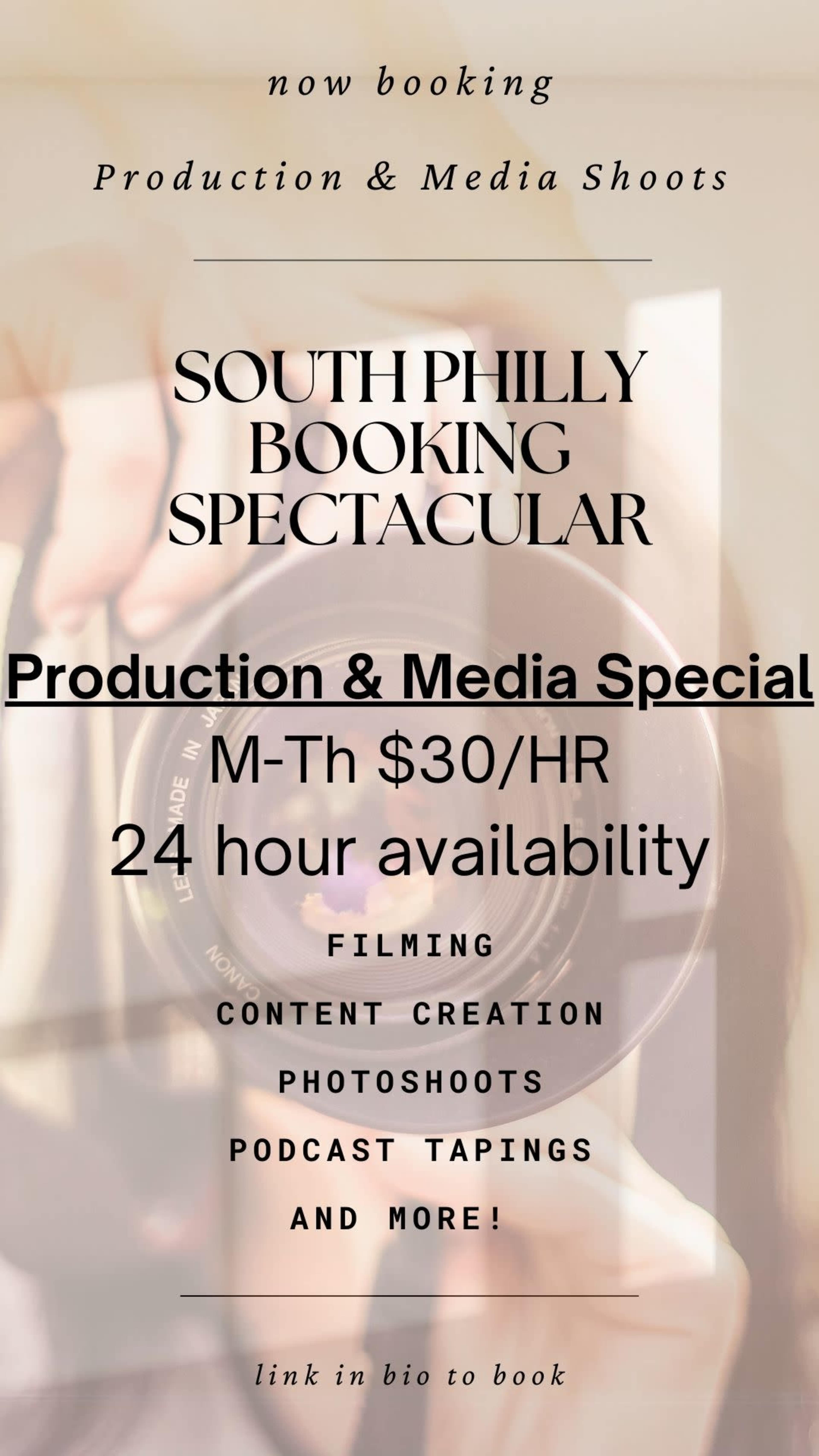 The image advertises a special booking offer for production and media shoots in South Philly, detailing a rate of $30 per hour from Monday to Thursday with 24-hour availability.