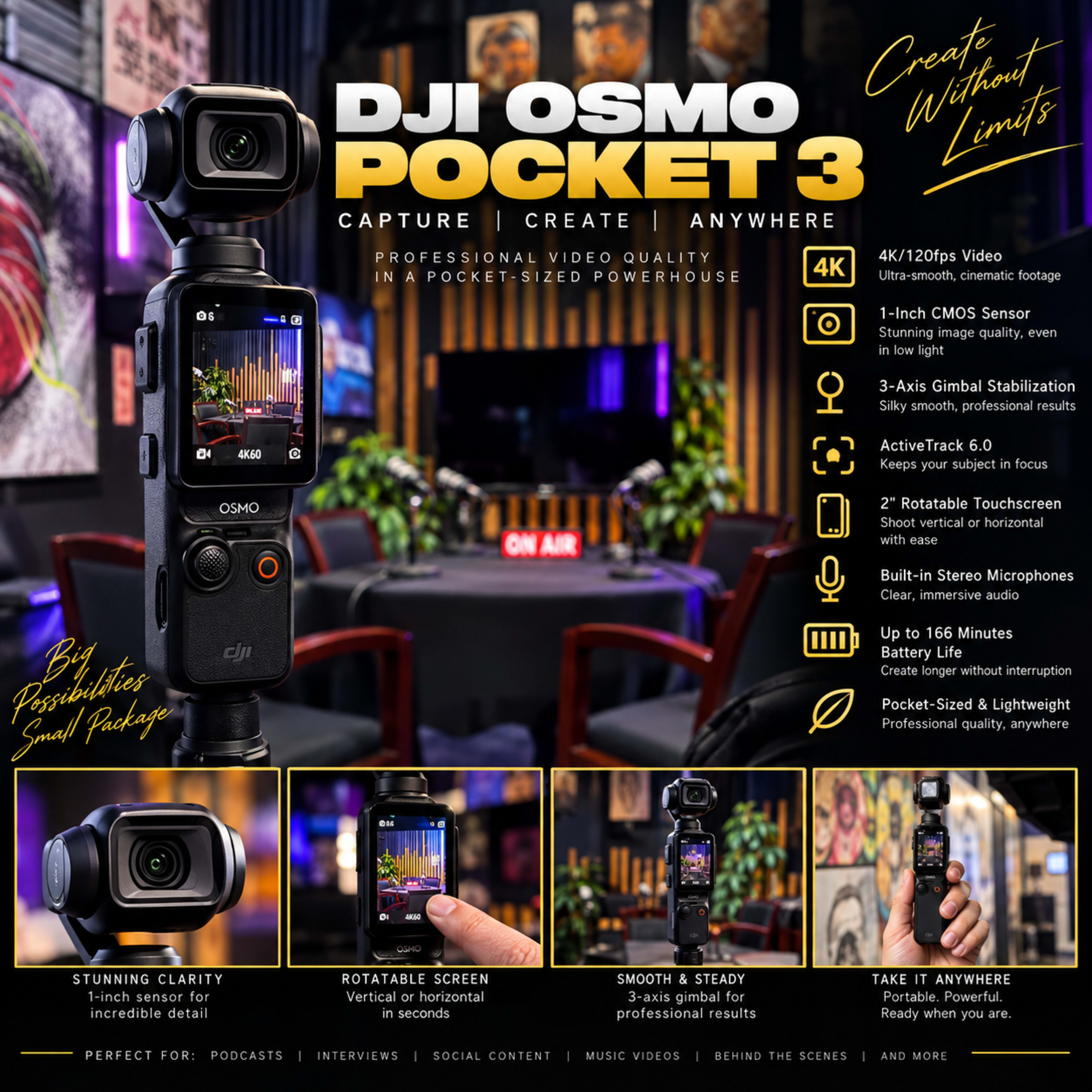 The image showcases the DJI Osmo Pocket 3 camera with a user interface displayed, highlighting its features and specifications in a stylish indoor setting.