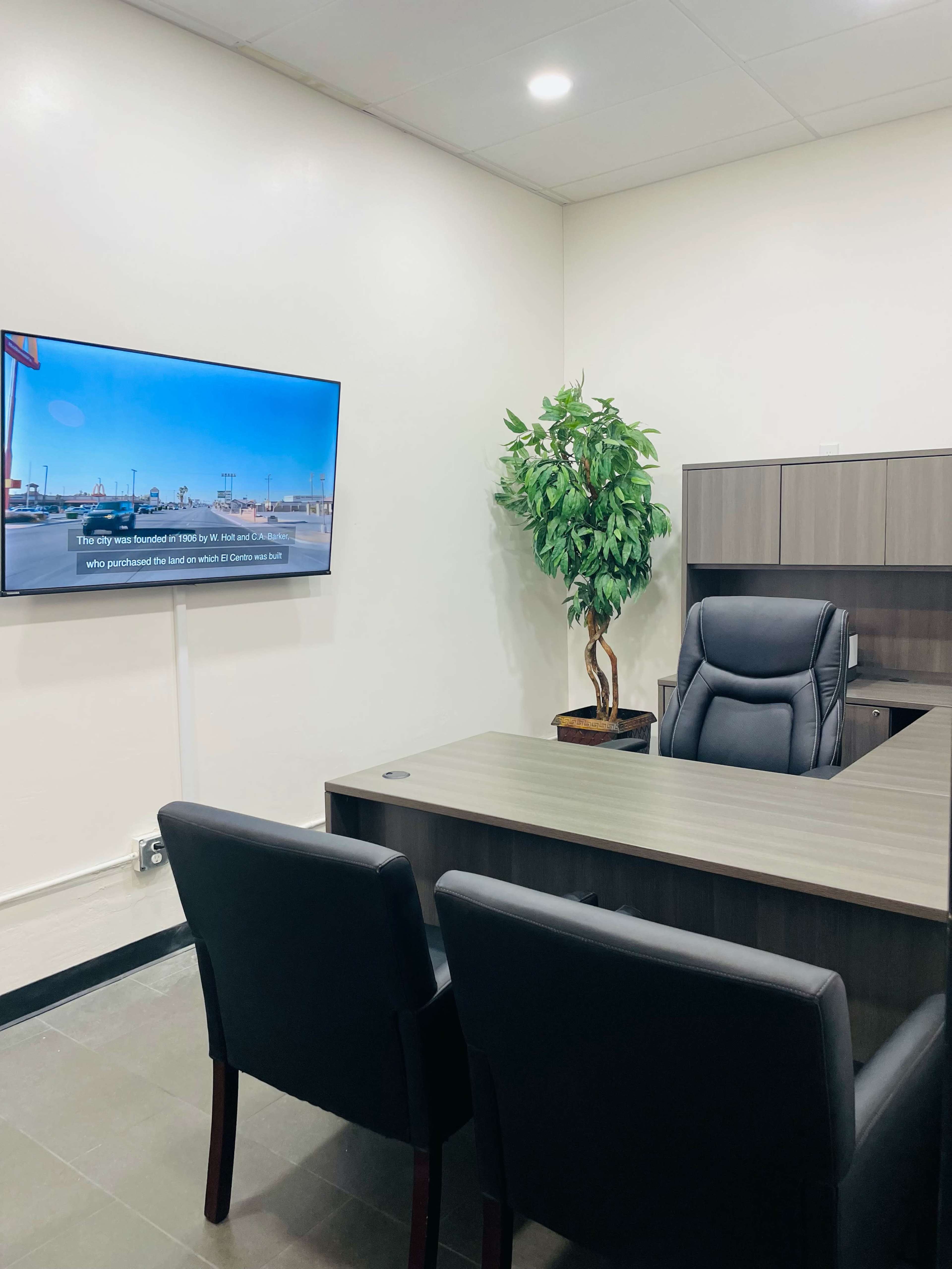 The image shows a modern office with a desk, two chairs, a large television mounted on the wall, and a potted plant in the corner.