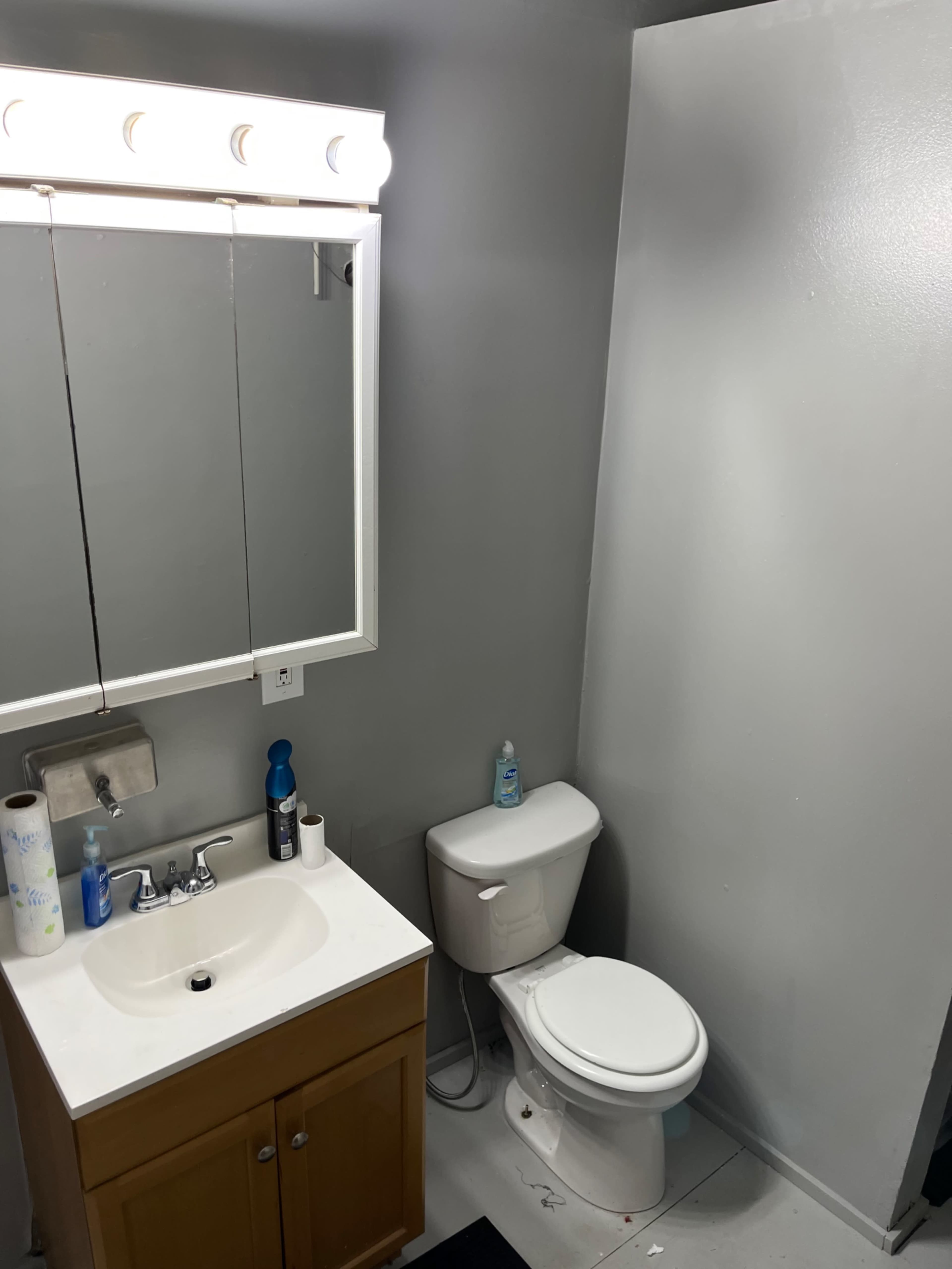 A small bathroom with a sink and mirror above a wooden cabinet, and a toilet beside a gray wall.