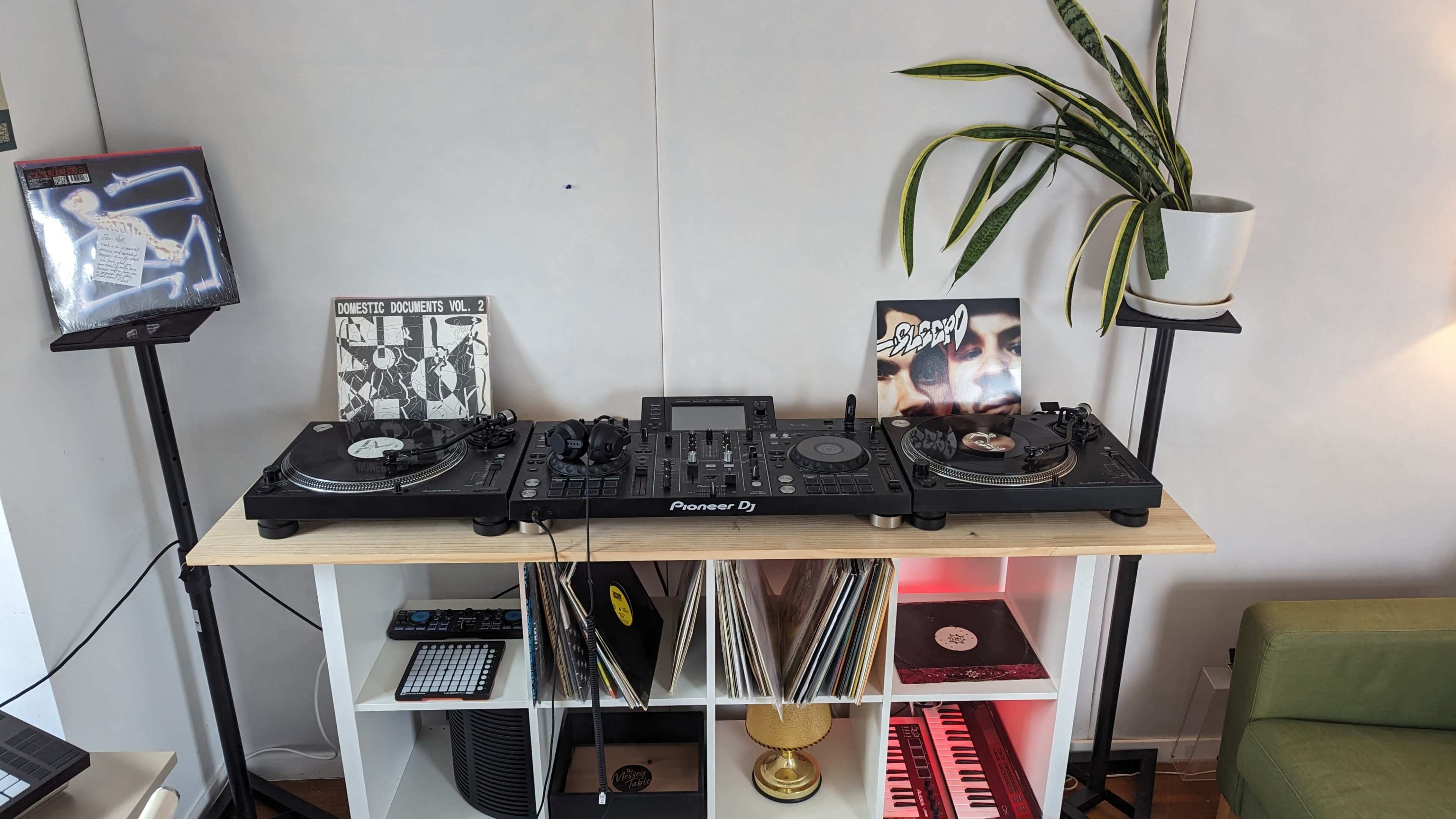 A DJ setup featuring two turntables, a mixer, vinyl records, and a house plant on a shelf against a wall.