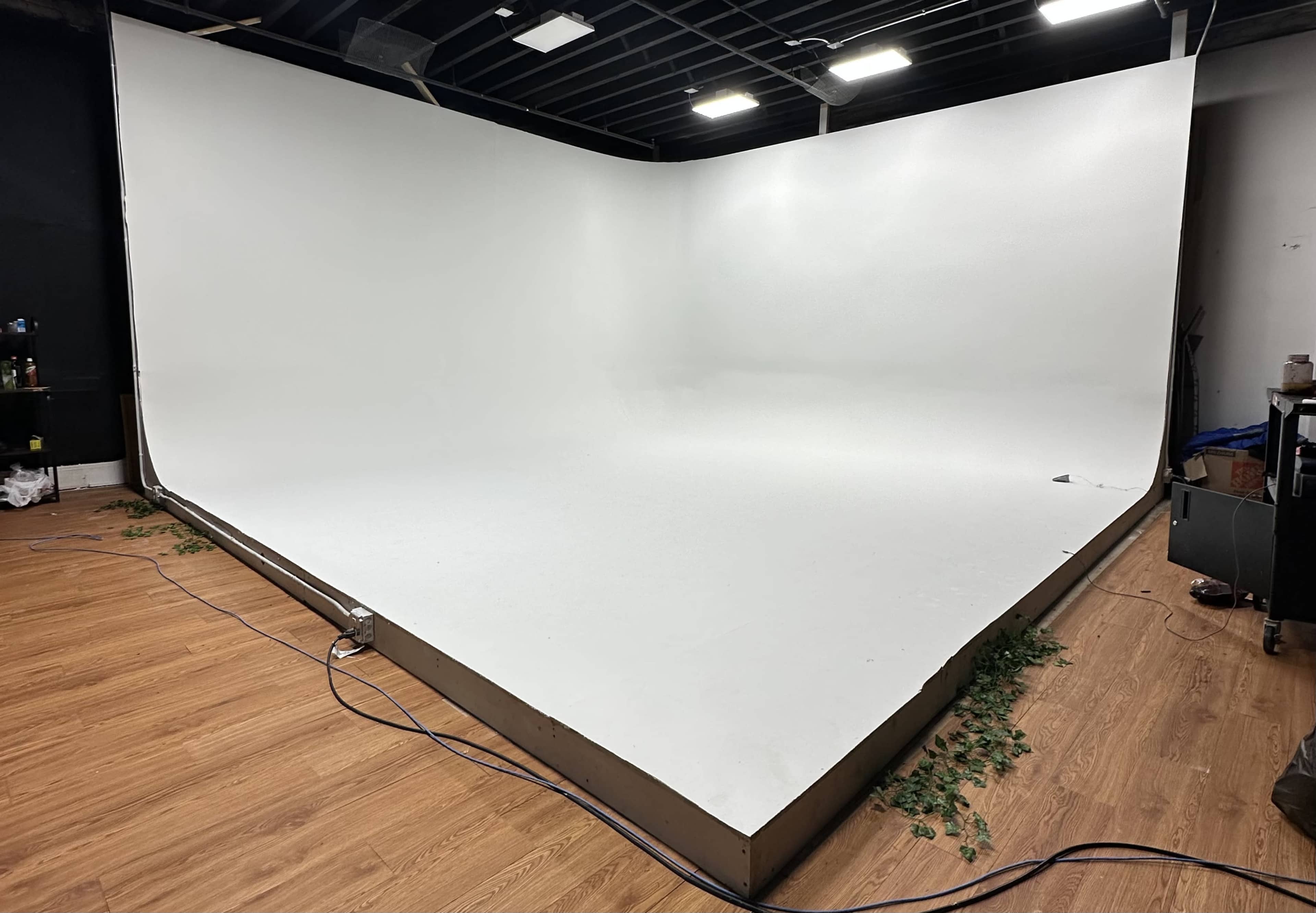 The image shows a spacious photography studio with a large white backdrop and wooden flooring, along with scattered greenery and cables along the edges.