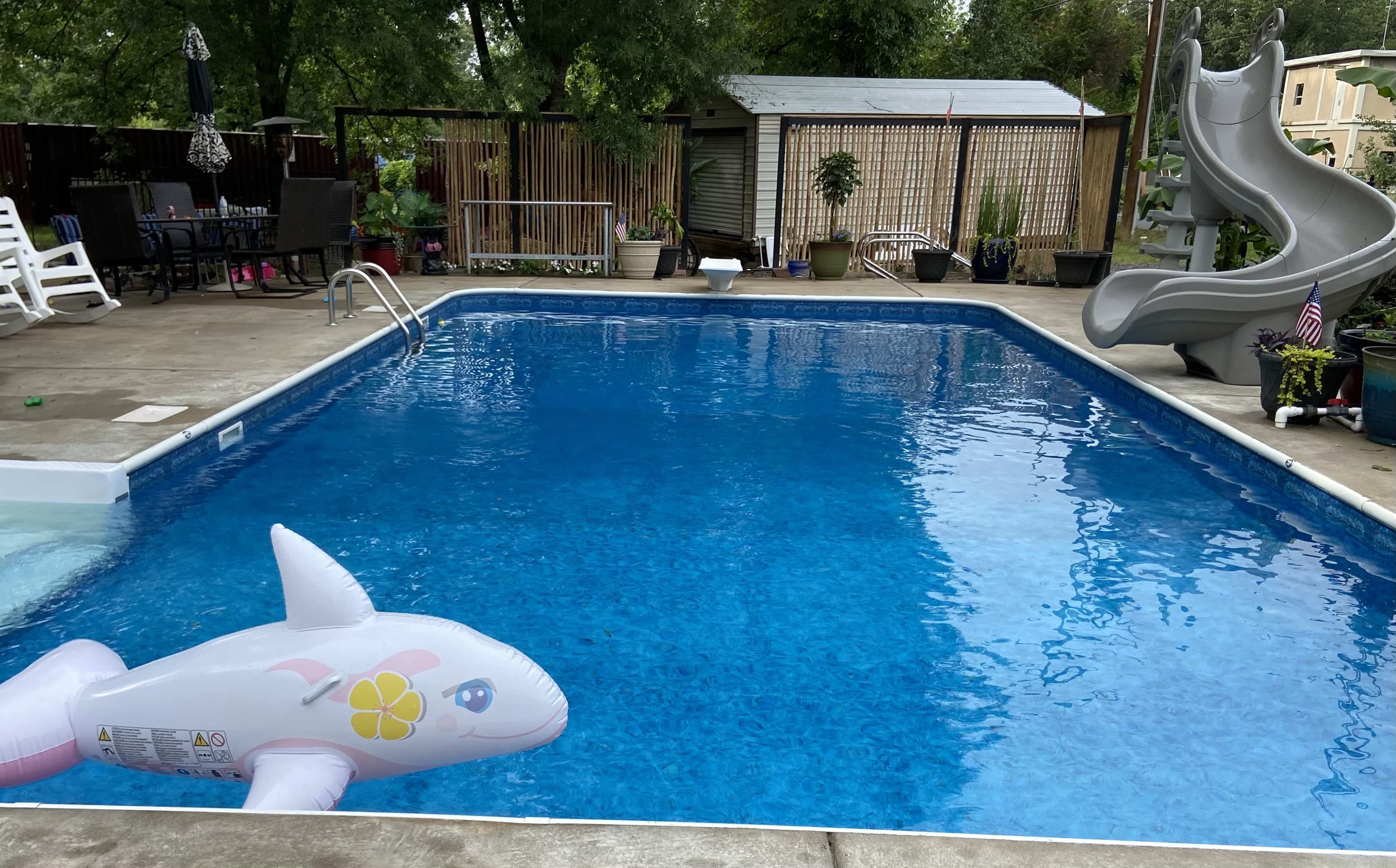 A residential swimming pool surrounded by lounge chairs, potted plants, and a water slide, with a inflatable dolphin floating in the water.