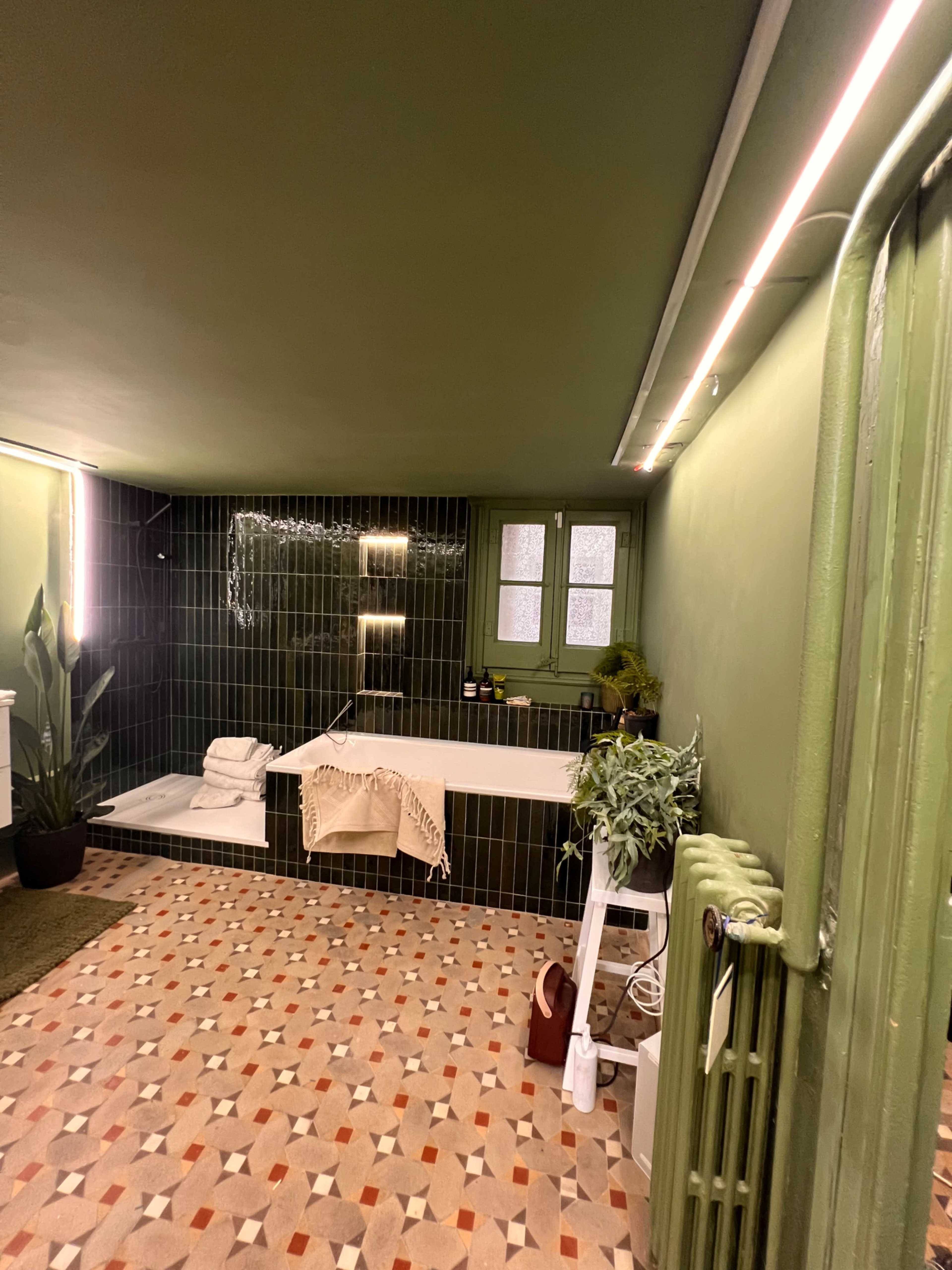The image shows a modern bathroom with green walls, a bathtub, and patterned tiled flooring.