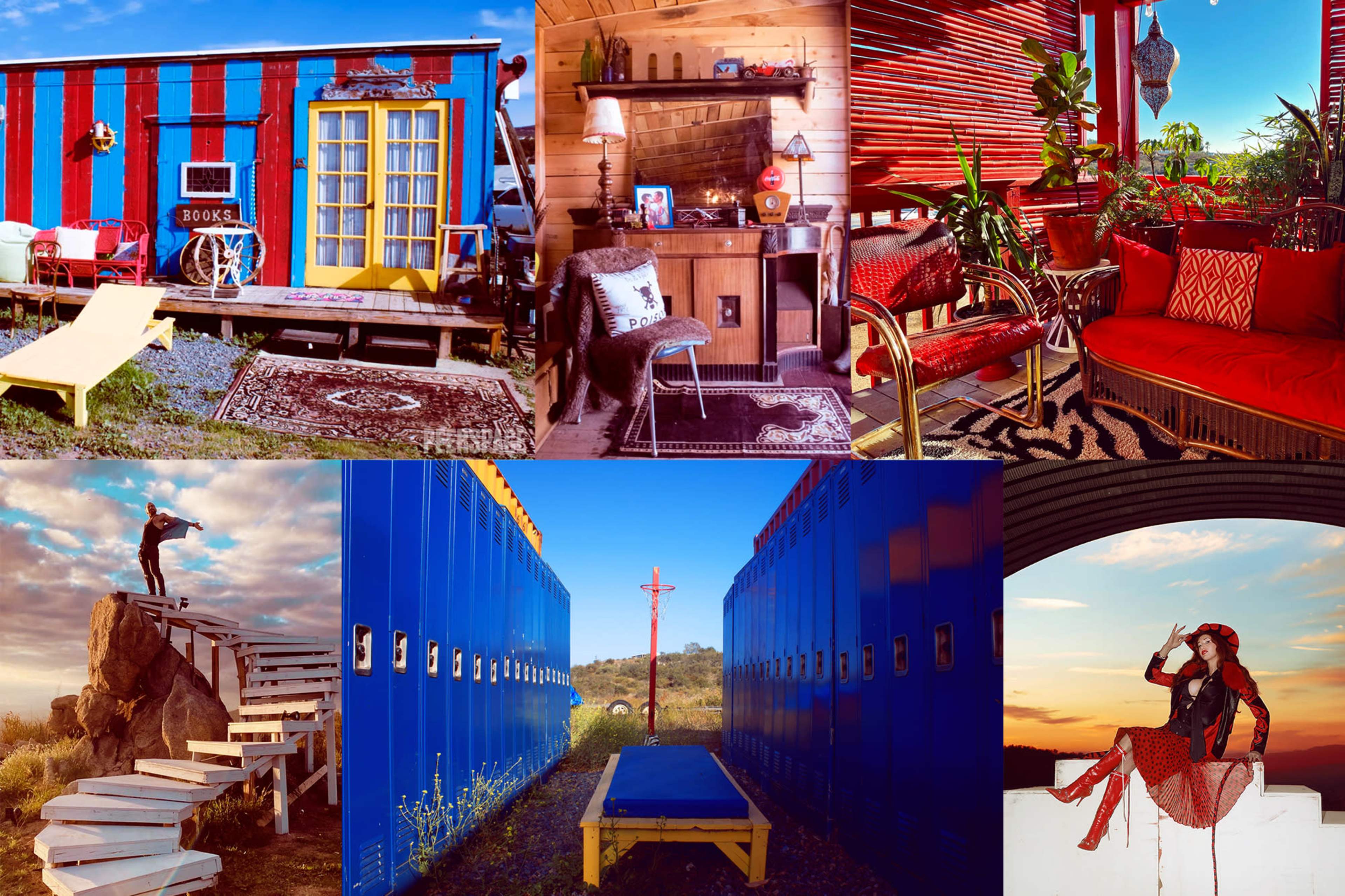 The image features a collage of distinct scenes, including a colorful cabin, a cozy interior with seating and decor, and an outdoor landscape with lockers and a cross.