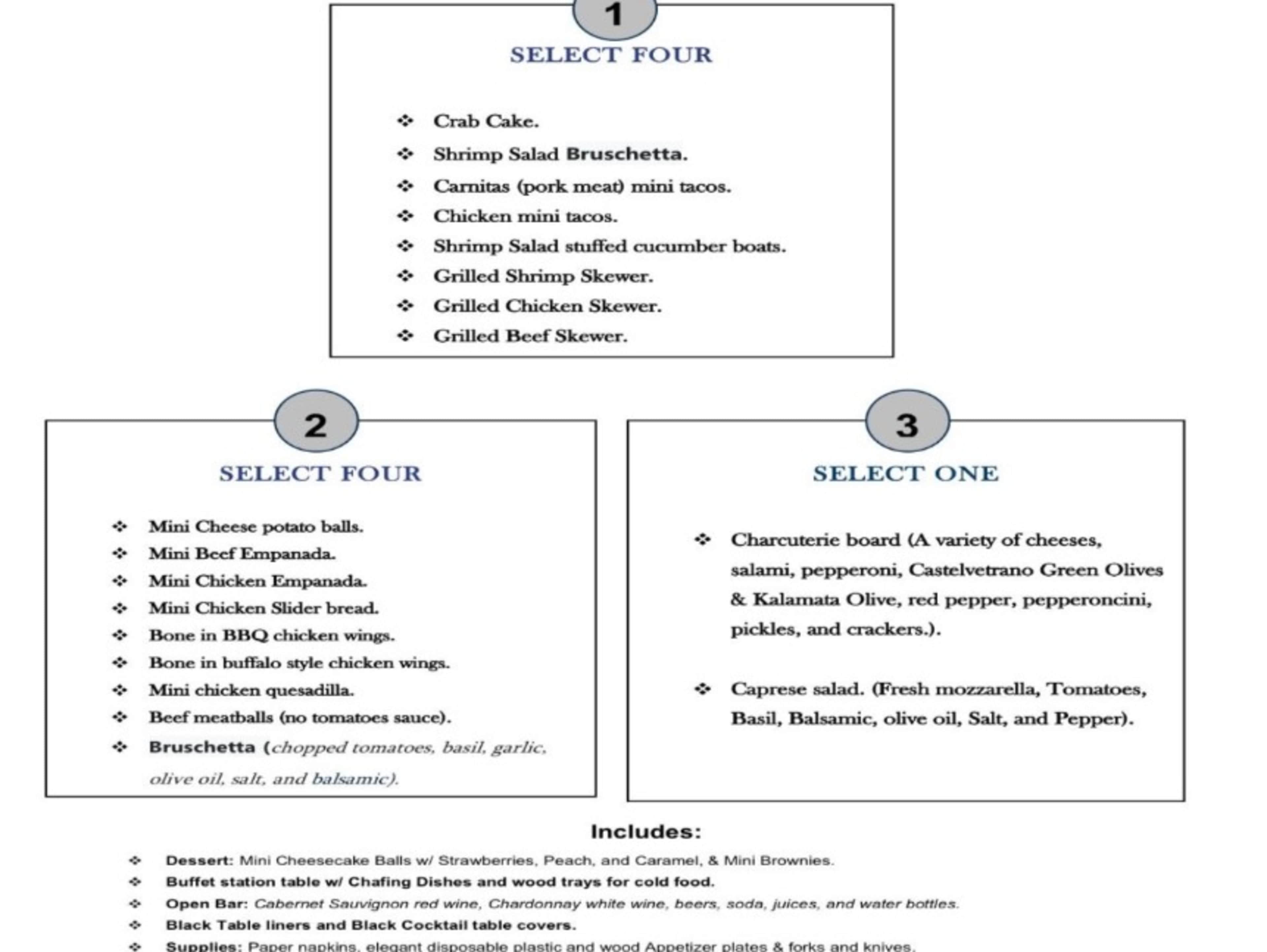 Cocktail Bites Food Buffet Menu & Wine, Beer Open 