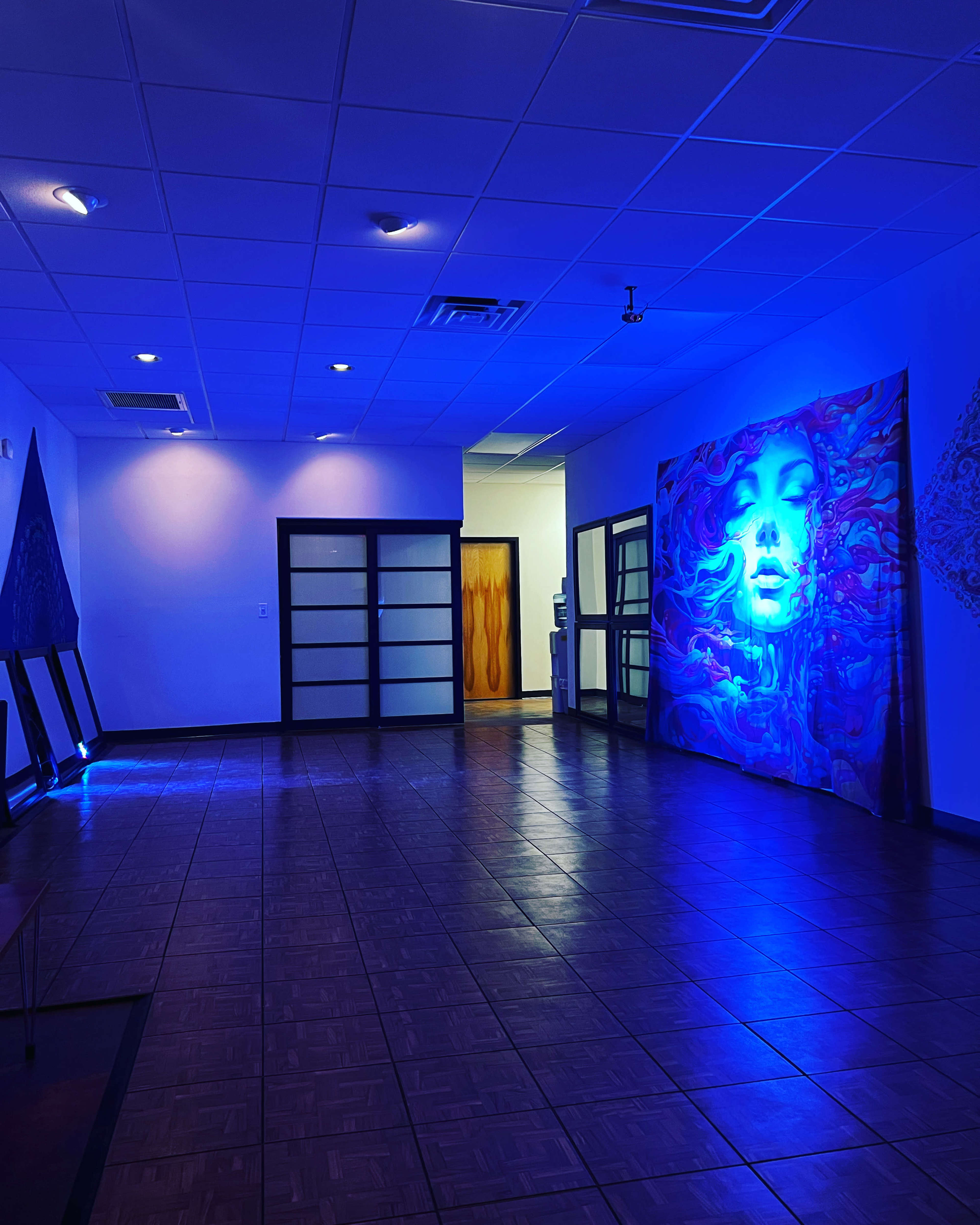 A spacious room with blue lighting features a large mural of a woman's face and two abstract art pieces leaning against the wall.