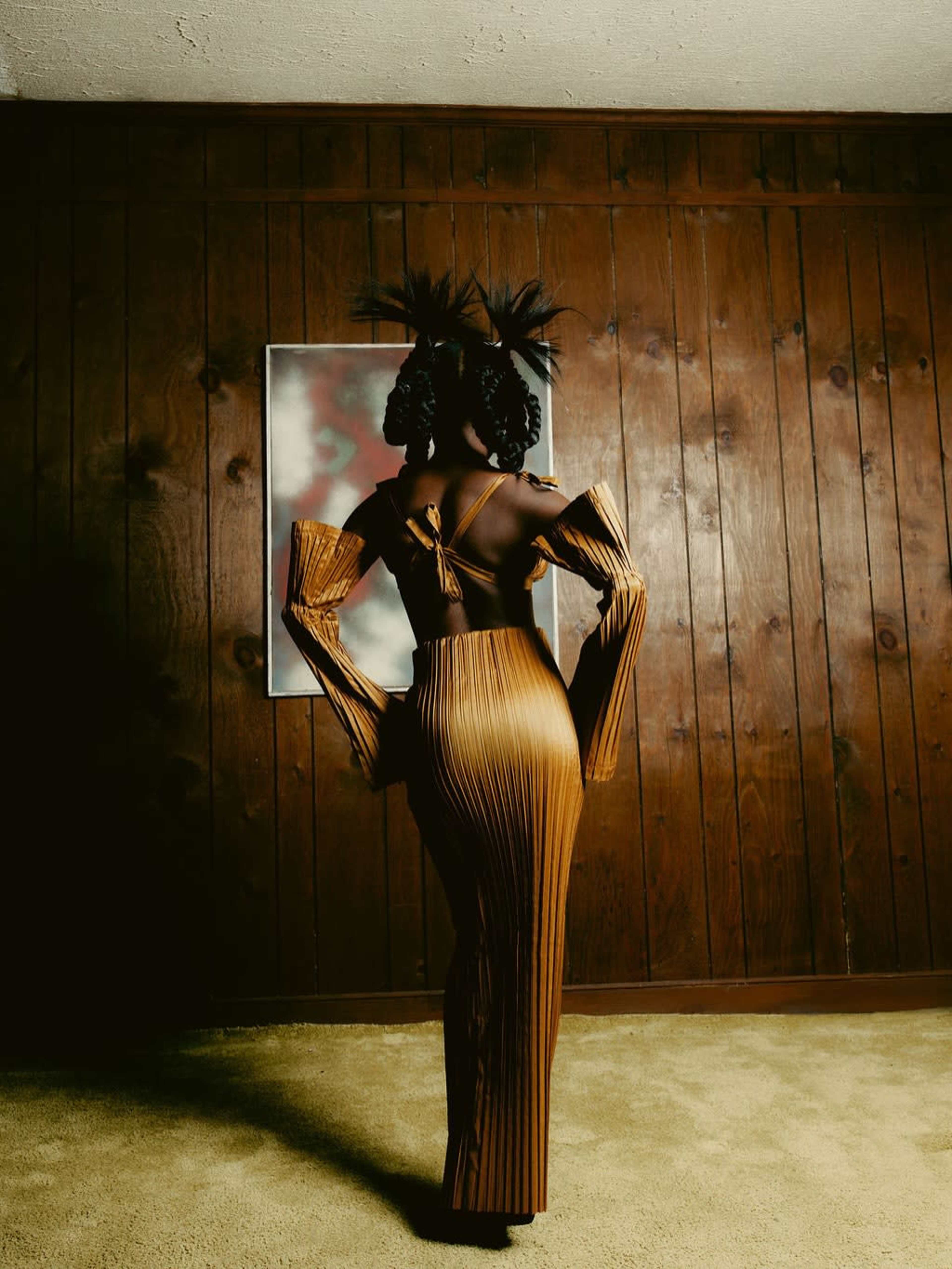 A person wearing a long, pleated dress stands with their back to the camera in a room with wooden paneling and a framed picture on the wall.