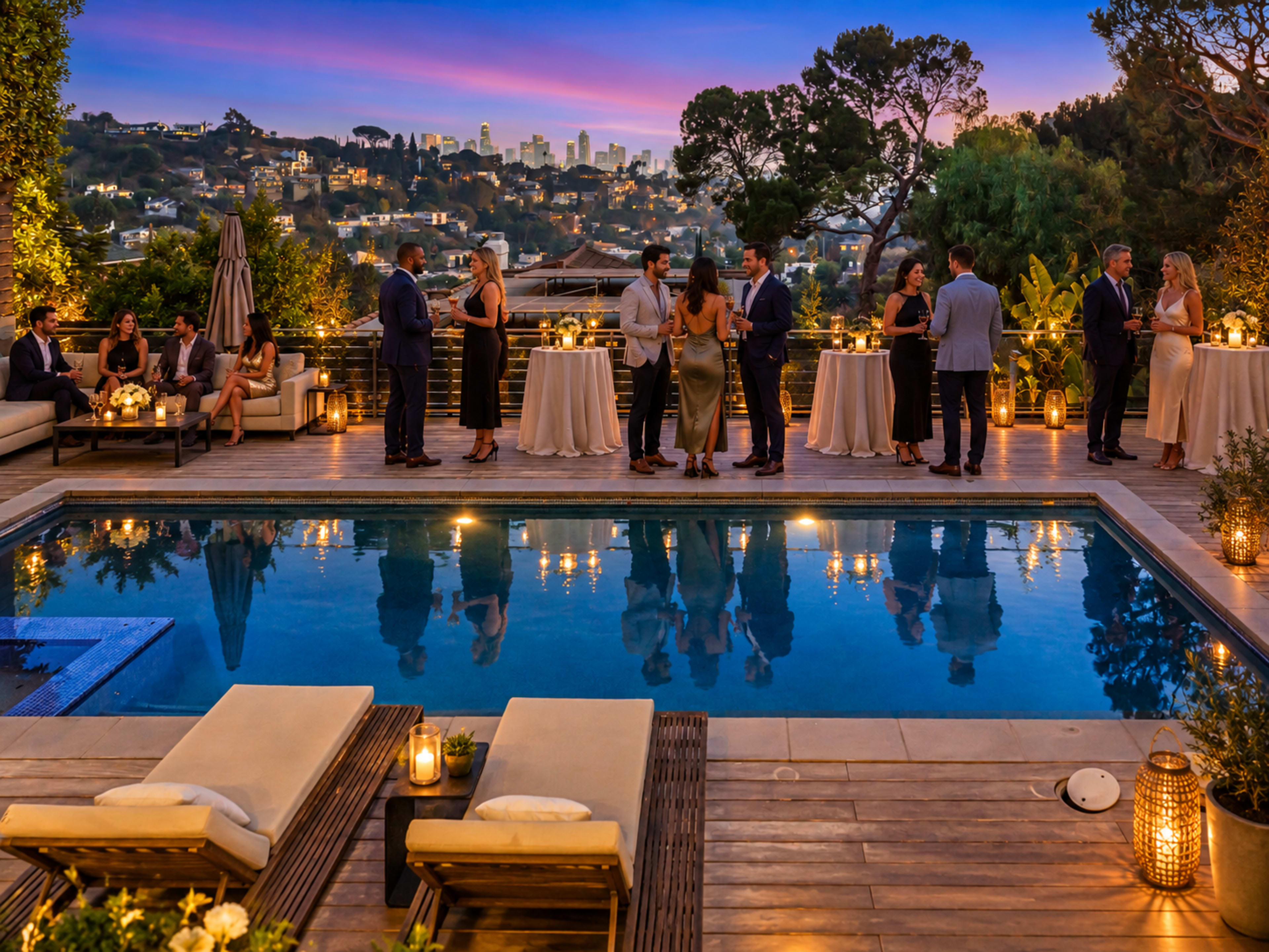 A glamorous evening party takes place outdoors by a pool with guests mingling and a city skyline visible in the background.