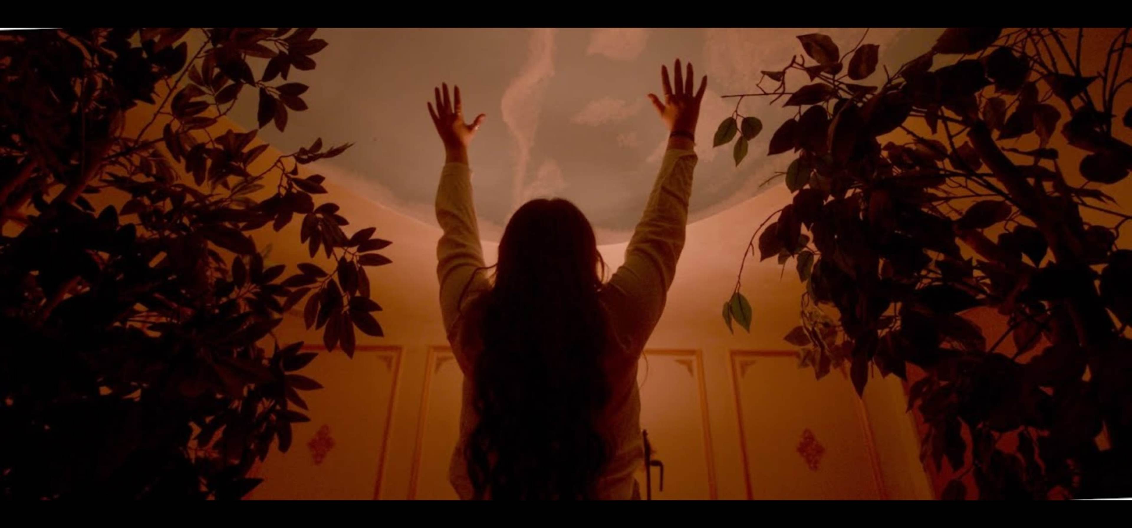 A figure with long hair raises their arms toward a painted ceiling surrounded by plants in a warmly lit room.