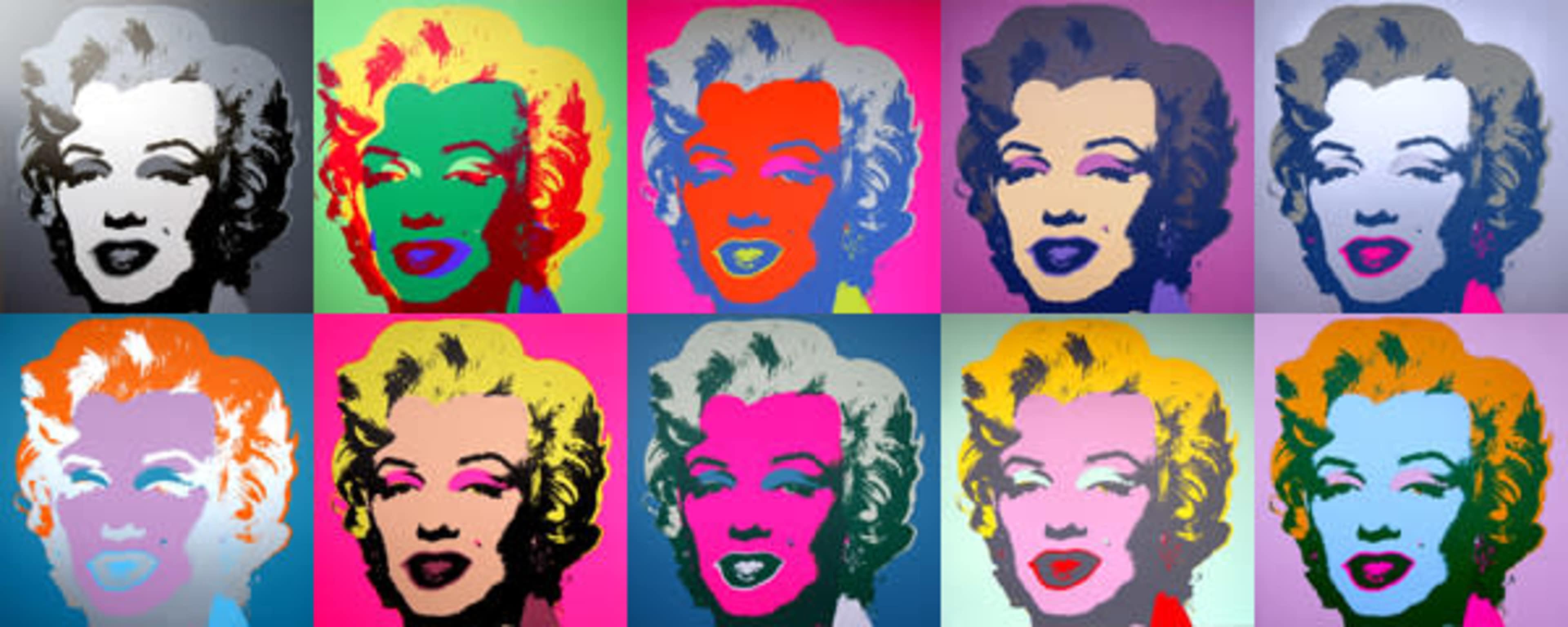 A grid of colorful, stylized portraits of a woman with blonde hair and prominent red lips.
