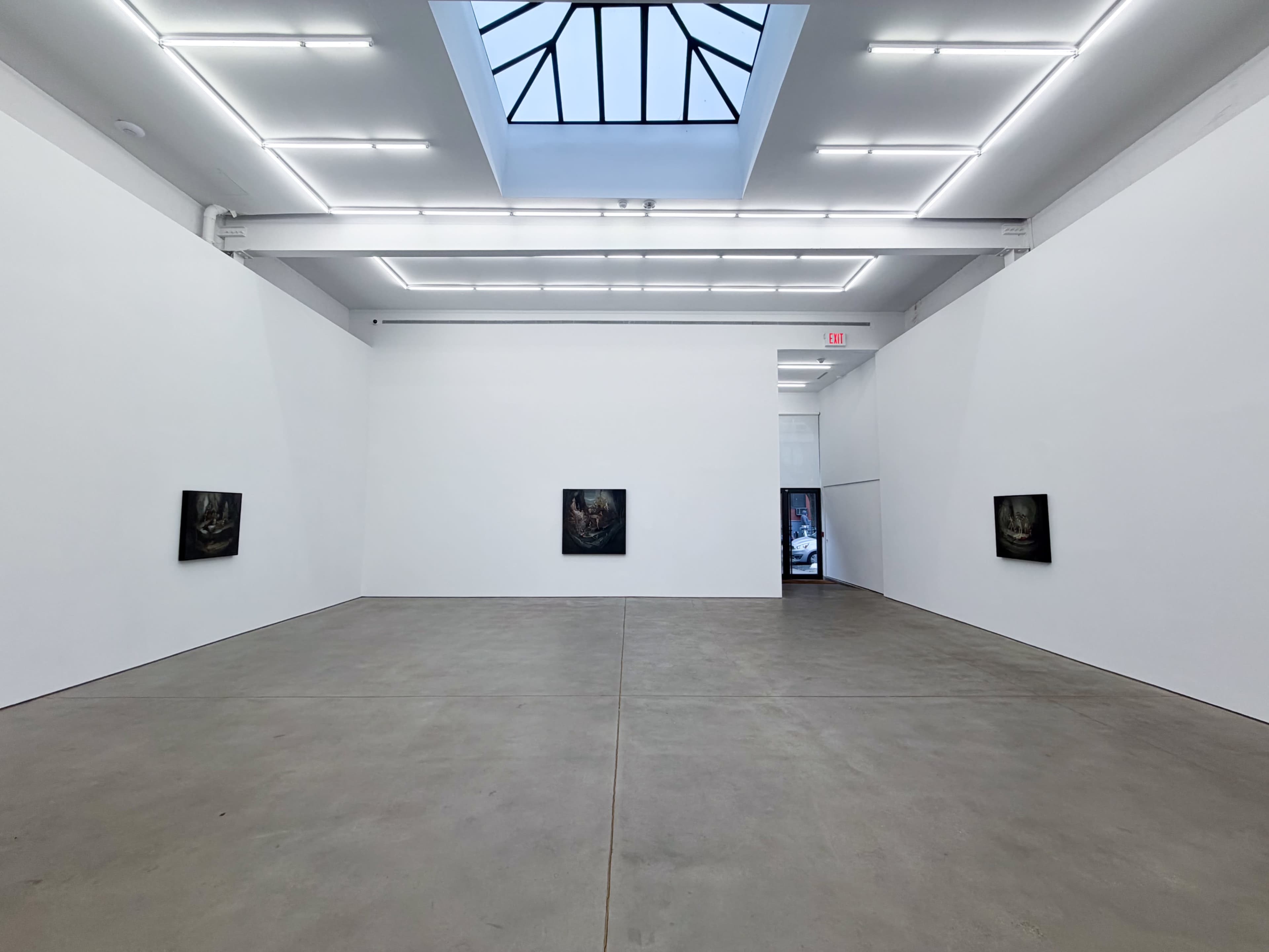 The image shows a minimalist art gallery with white walls, concrete flooring, and paintings displayed on the walls, illuminated by overhead lights and natural light from a skylight.