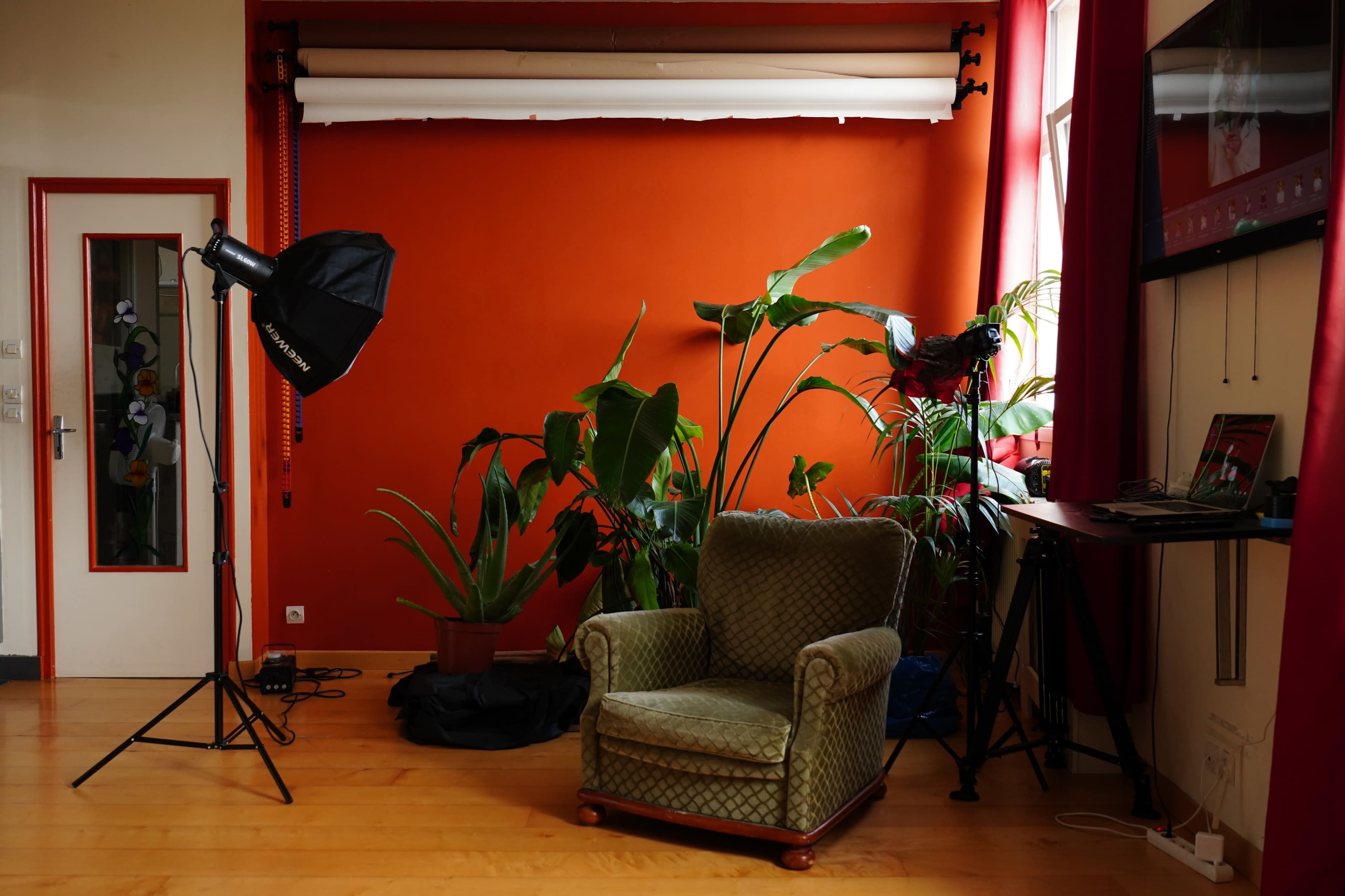 A photography studio with an orange backdrop, a green armchair, studio lighting, and various potted plants.
