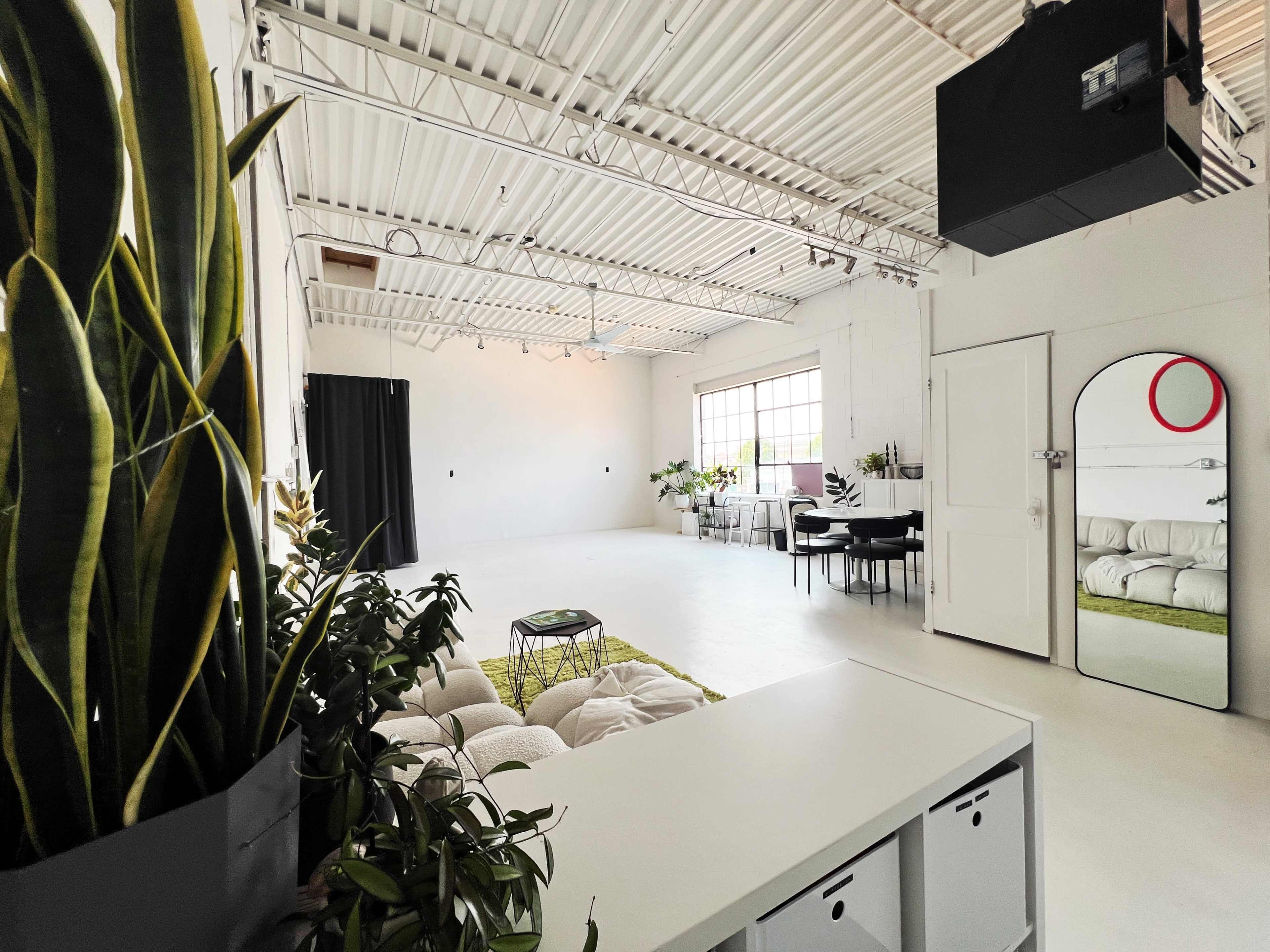 A spacious, well-lit room features a green area rug, a seating area with neutral-colored cushions, and a dining table surrounded by chairs, all enhanced by large windows and indoor plants.