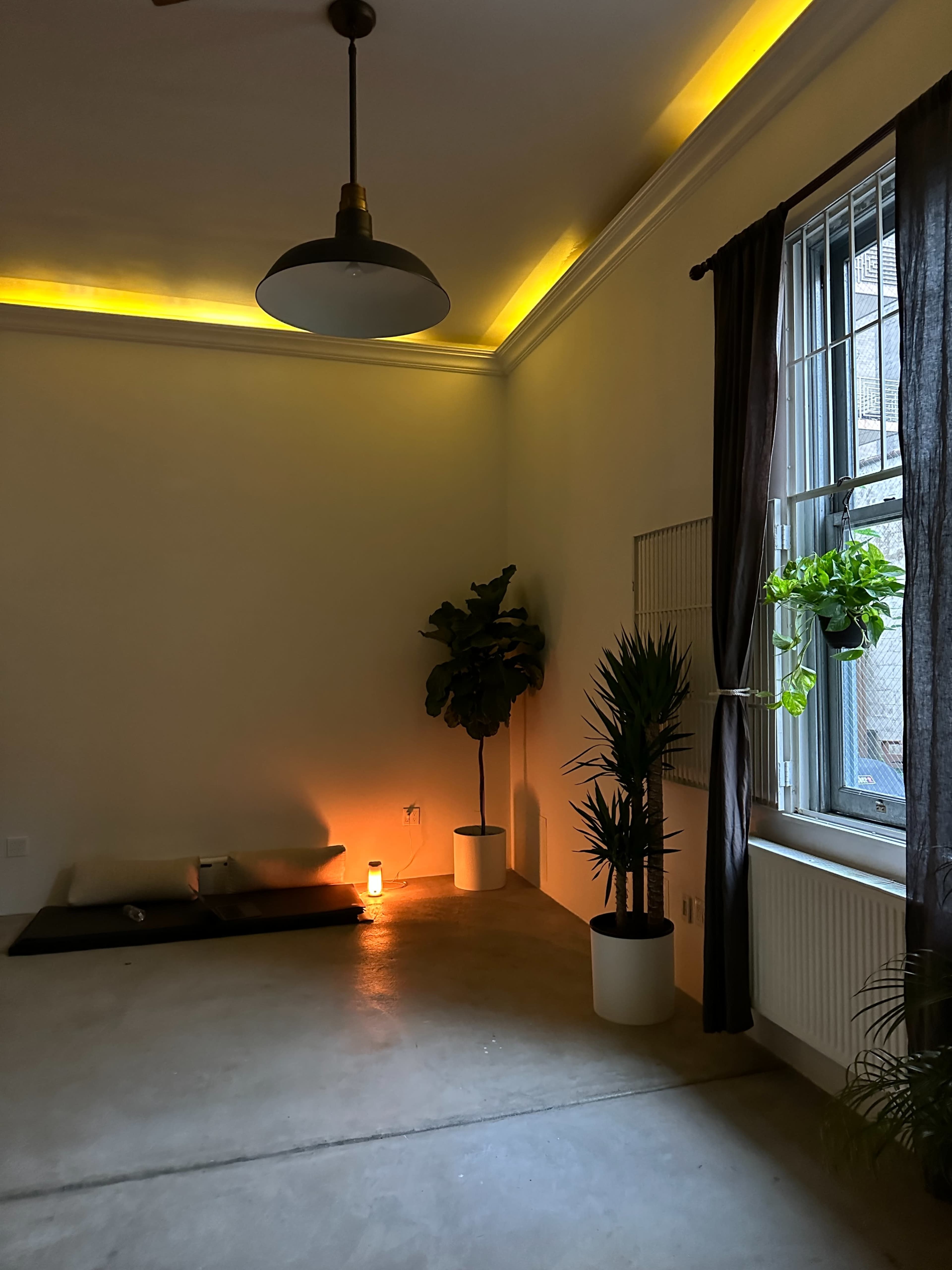 A minimalist room features a low sofa, potted plants, and warm lighting along the ceiling, creating a serene atmosphere.