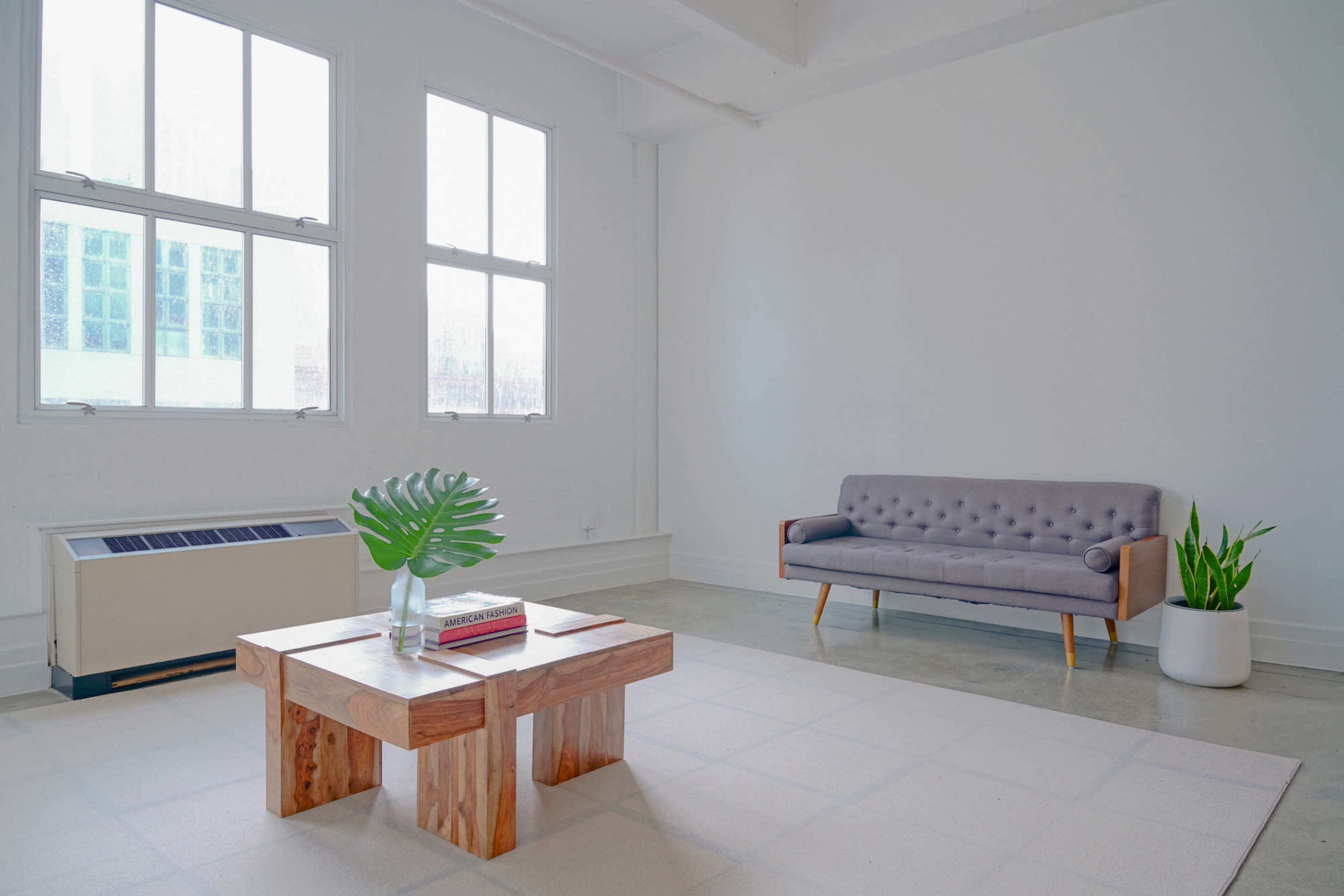 A minimalist living space featuring a gray sofa, a wooden coffee table, and a small potted plant, with large windows allowing natural light to enter.