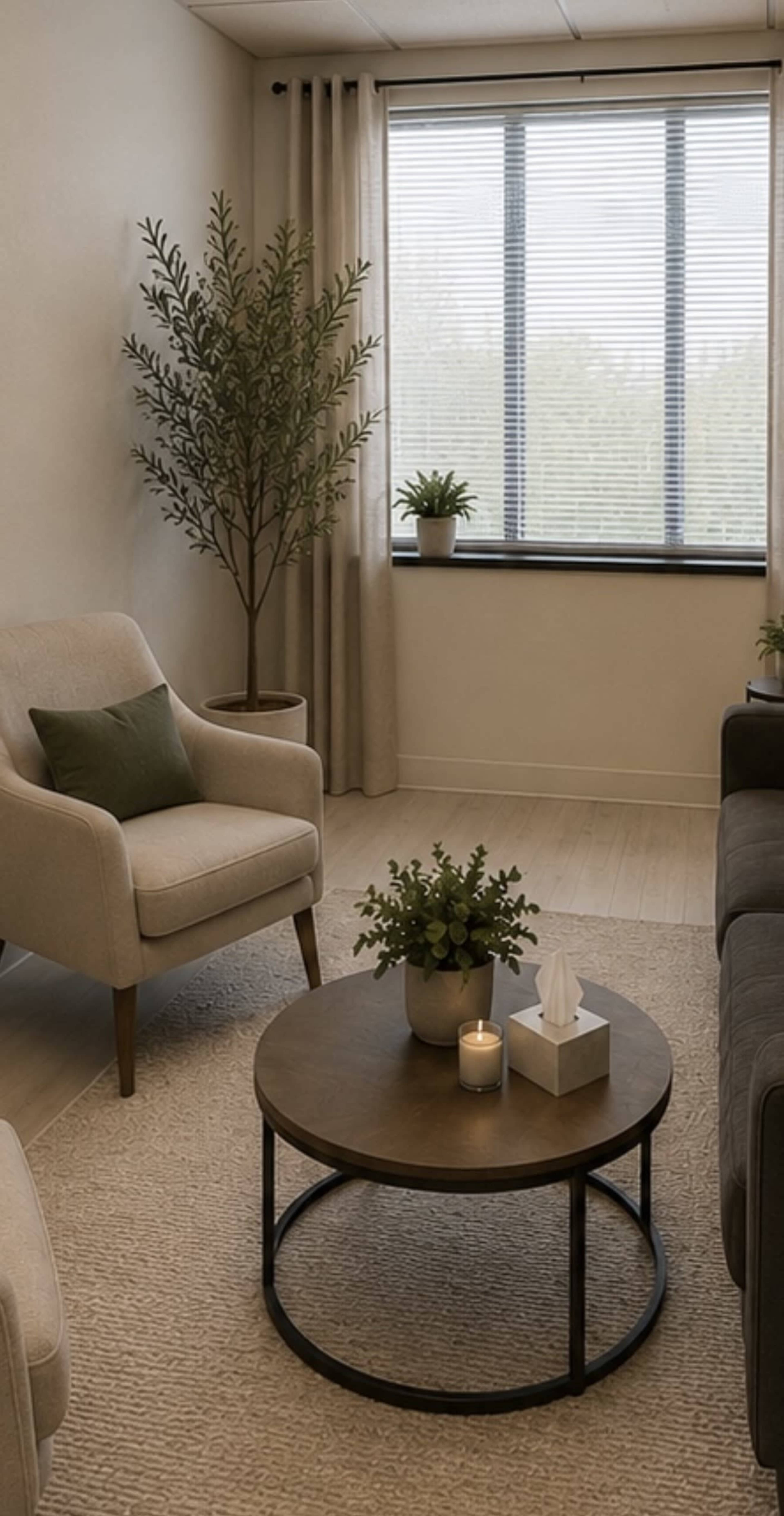 The image shows a light-colored living room with a window, a potted plant, modern furniture, and a round coffee table in the center.