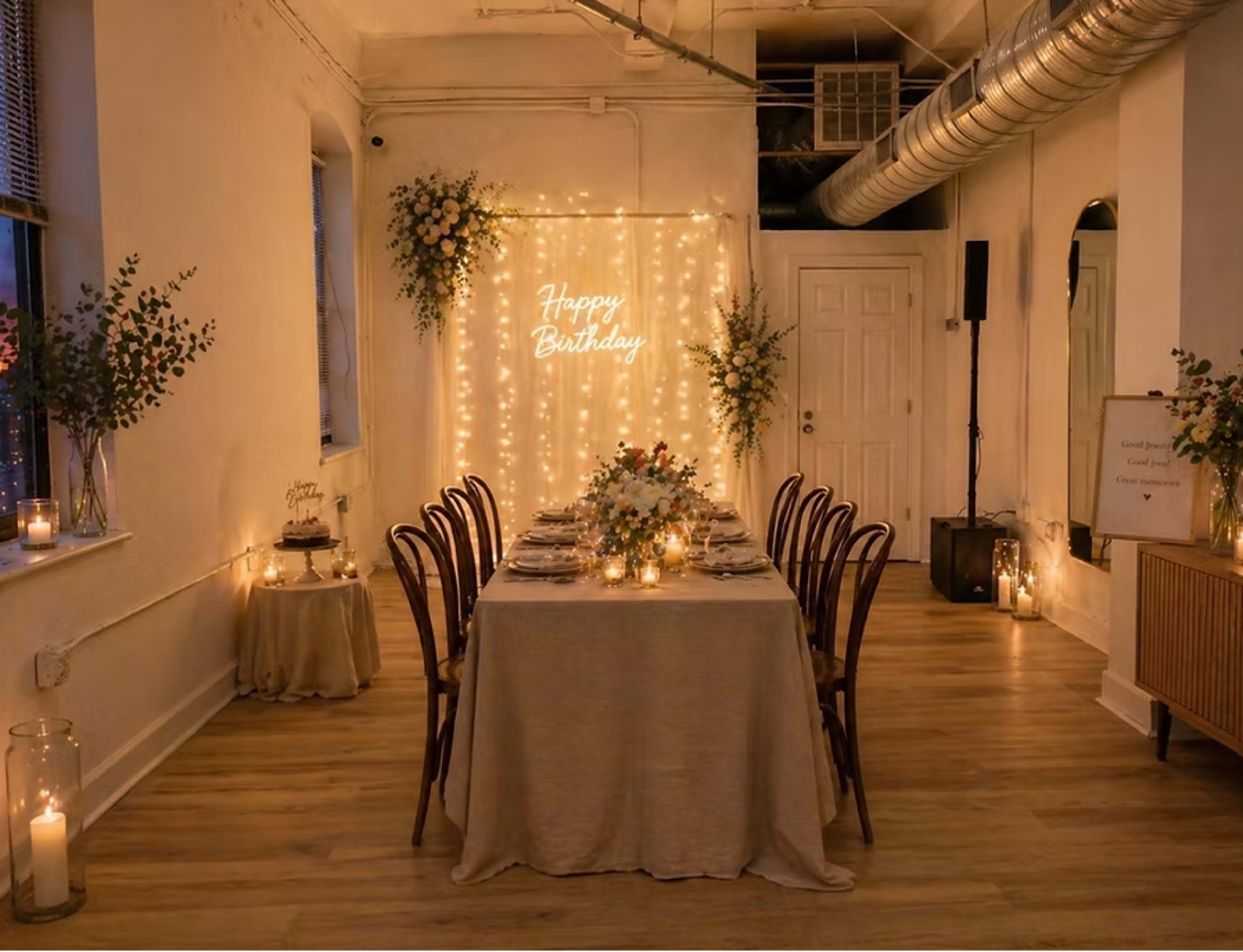 A decorated birthday celebration setting features a long table with chairs, ambient lighting, and floral arrangements against a backdrop with a neon "Happy Birthday" sign.