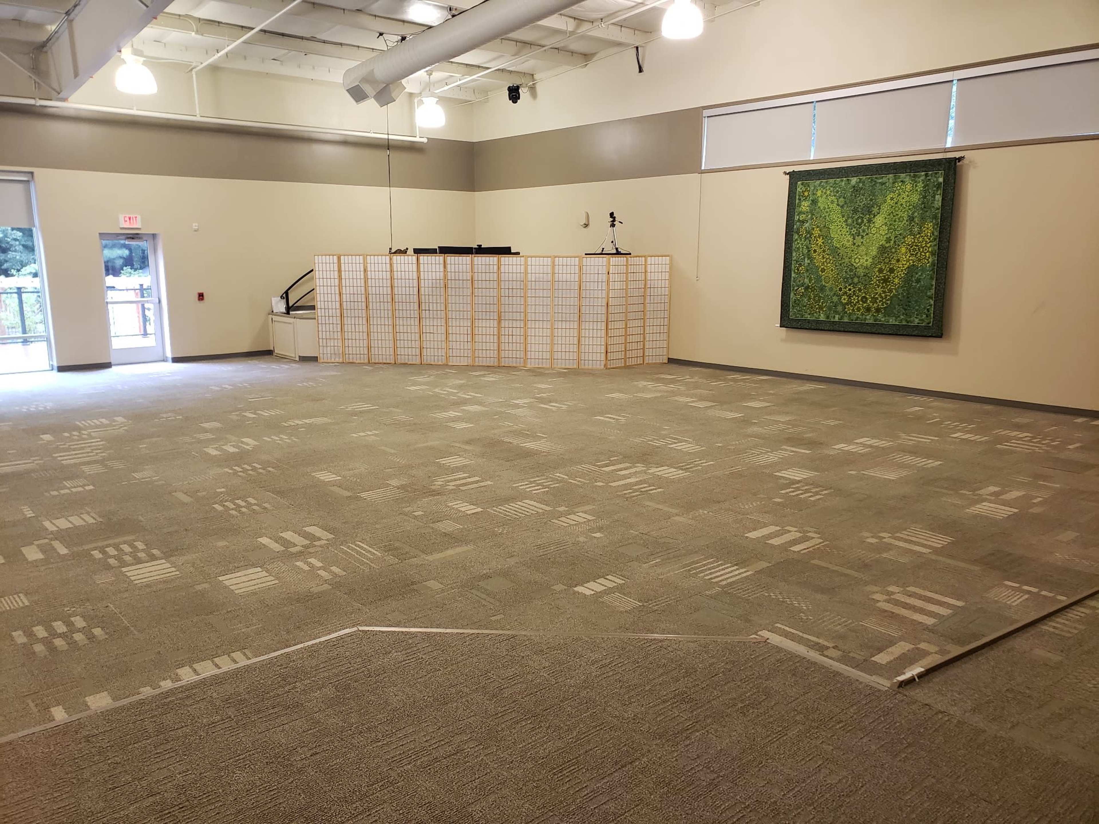 A spacious room with carpeted flooring, a partitioned area at the back, and a green textile hanging on the wall.