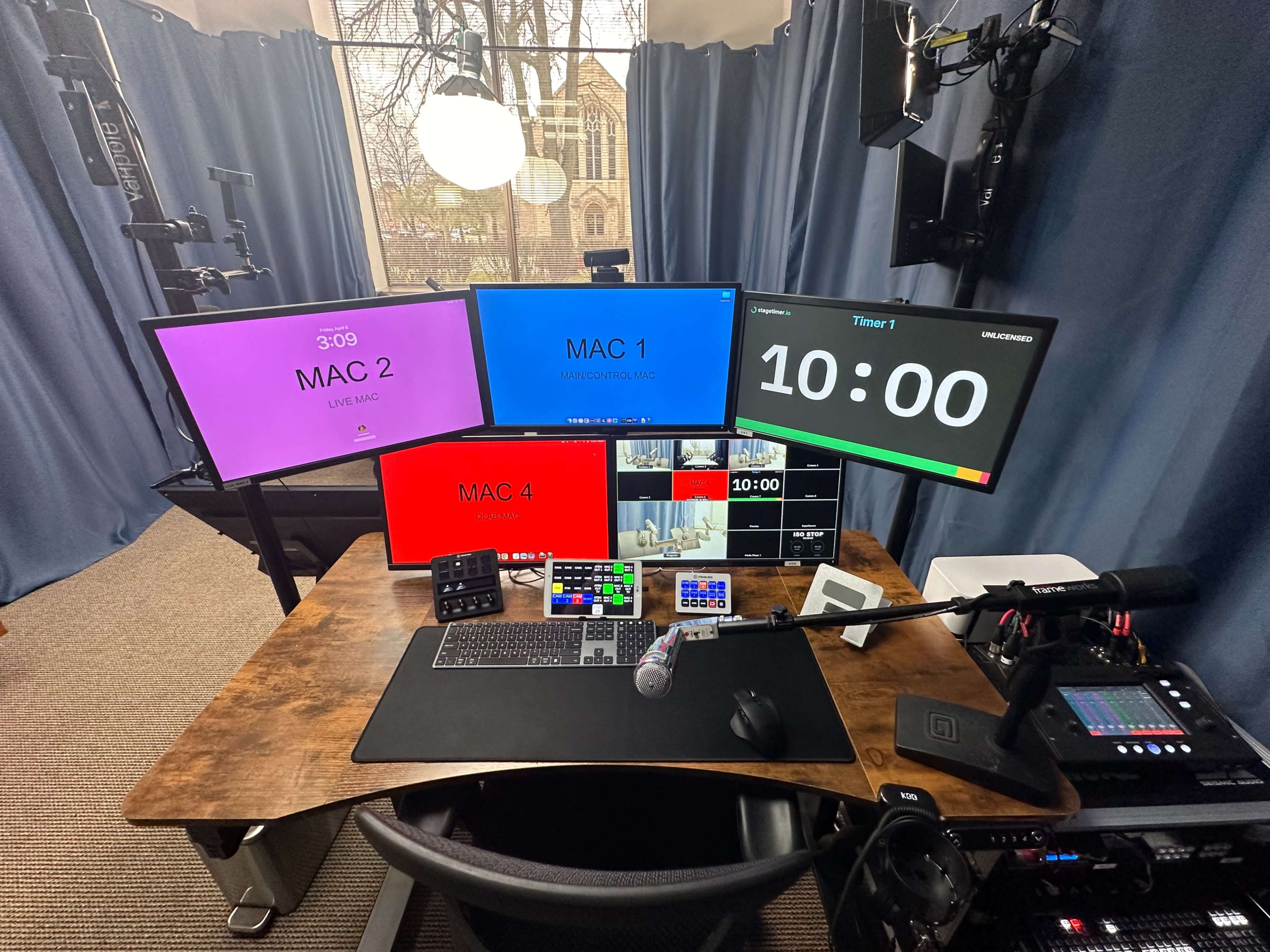 A multi-monitor setup on a desk, featuring four screens labeled "MAC 1," "MAC 2," "MAC 4," and a timer displaying "10:00," along with various control devices and a microphone.
