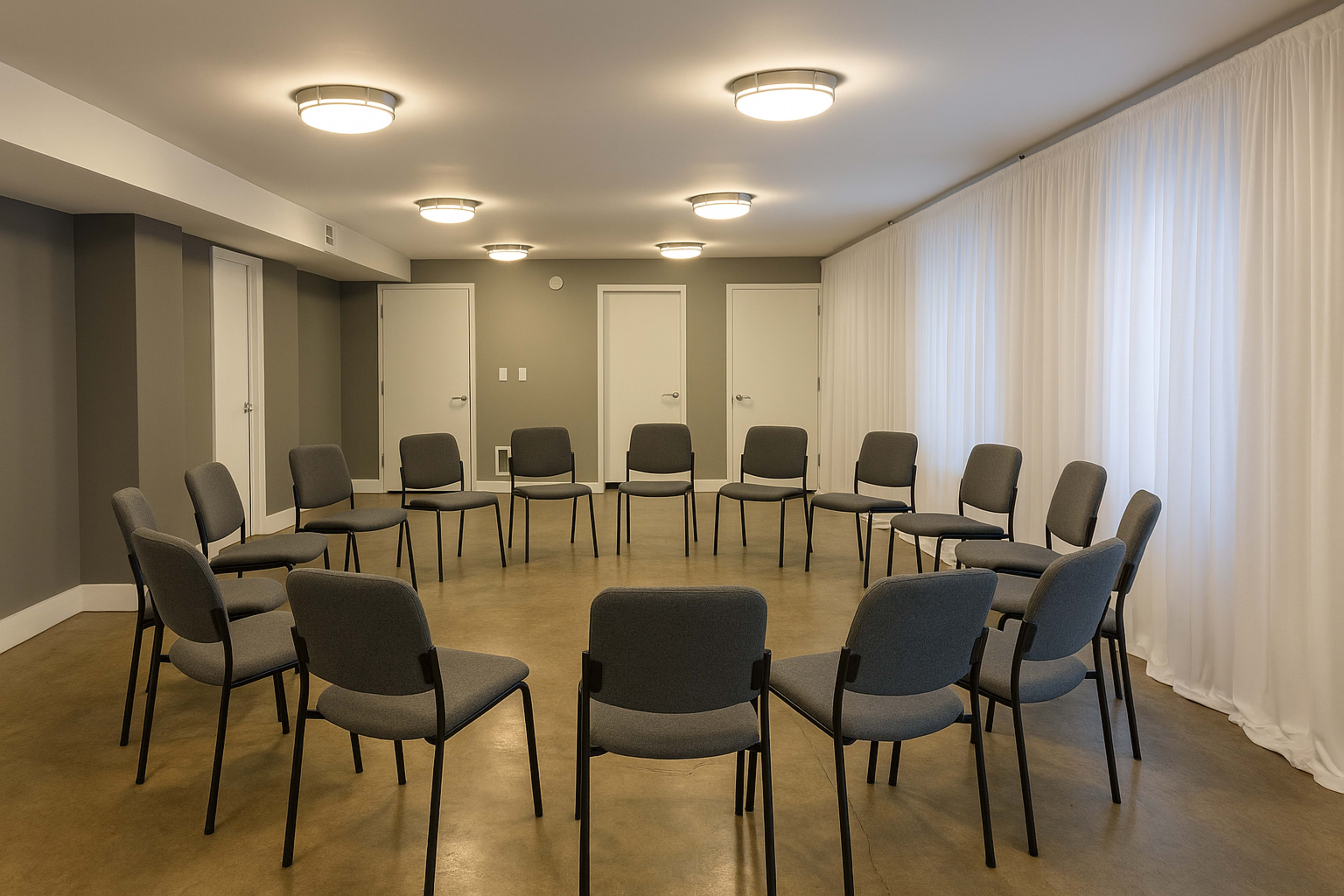 The image shows a circular arrangement of gray chairs in a well-lit, minimalist room with white curtains and multiple doors.