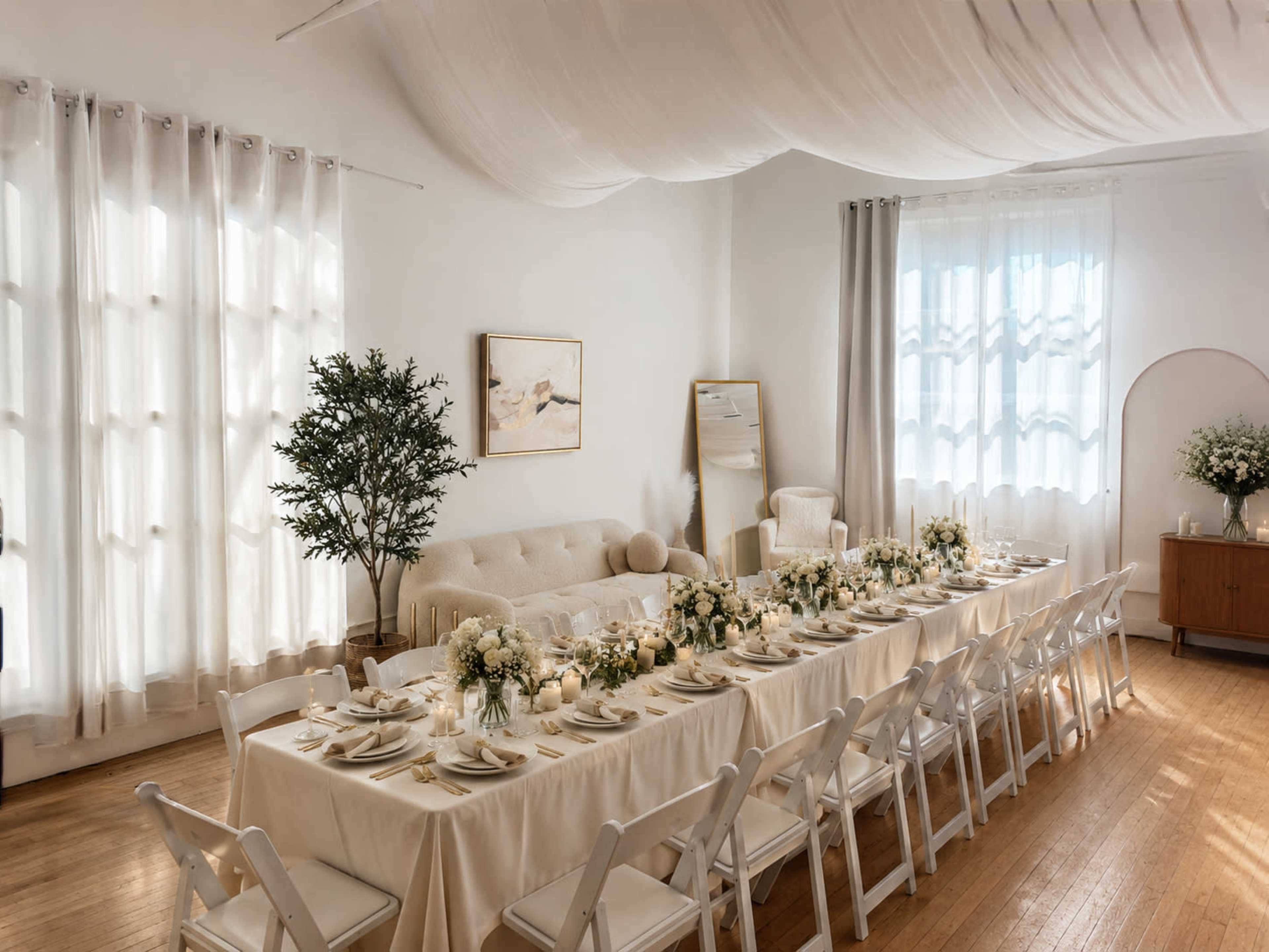 A long dining table is elegantly set with white tablecloths and floral arrangements in a bright, airy room featuring large windows and soft, draped fabric.