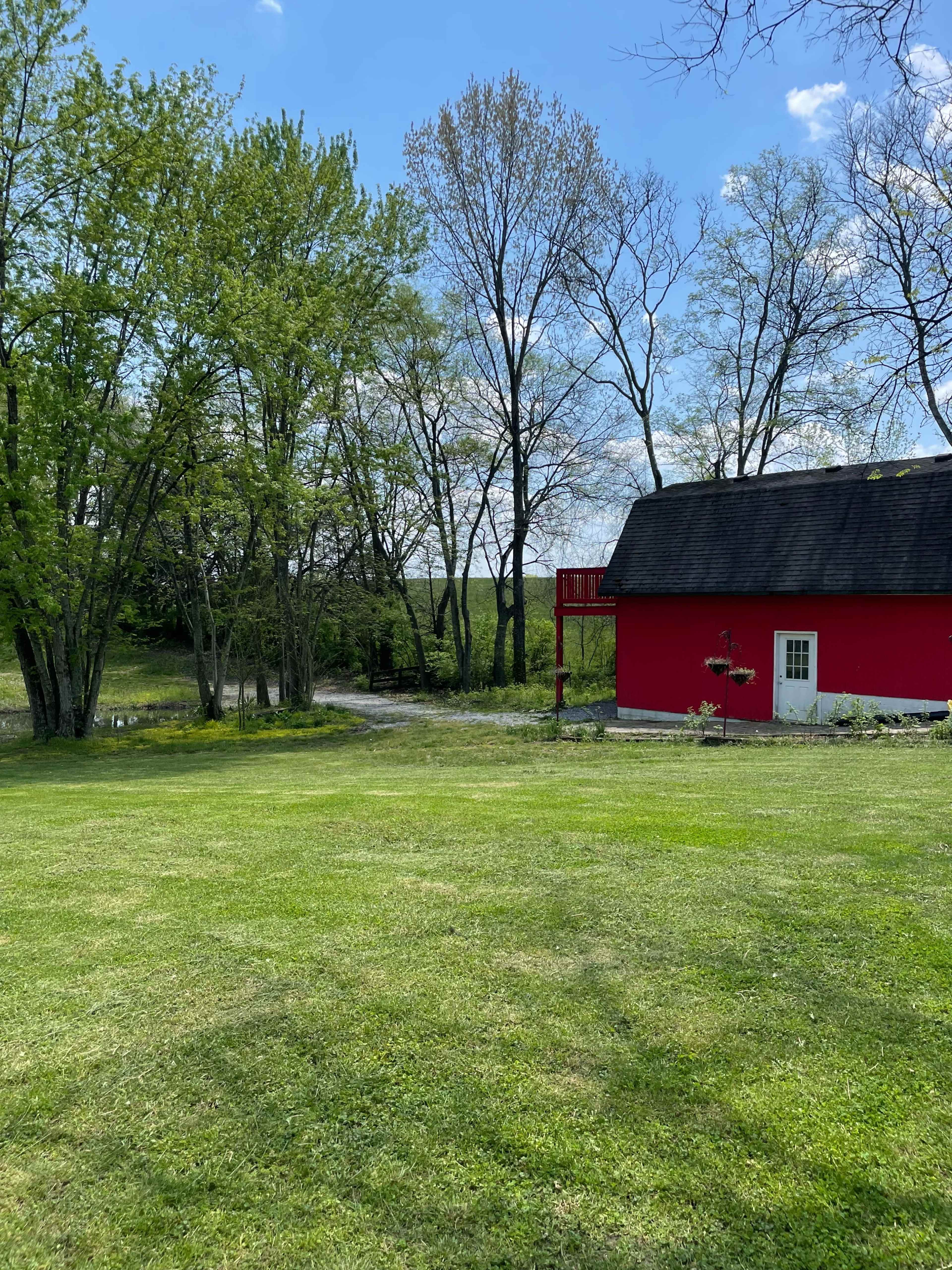 A red barn stands in a grassy field surrounded by trees under a clear blue sky.