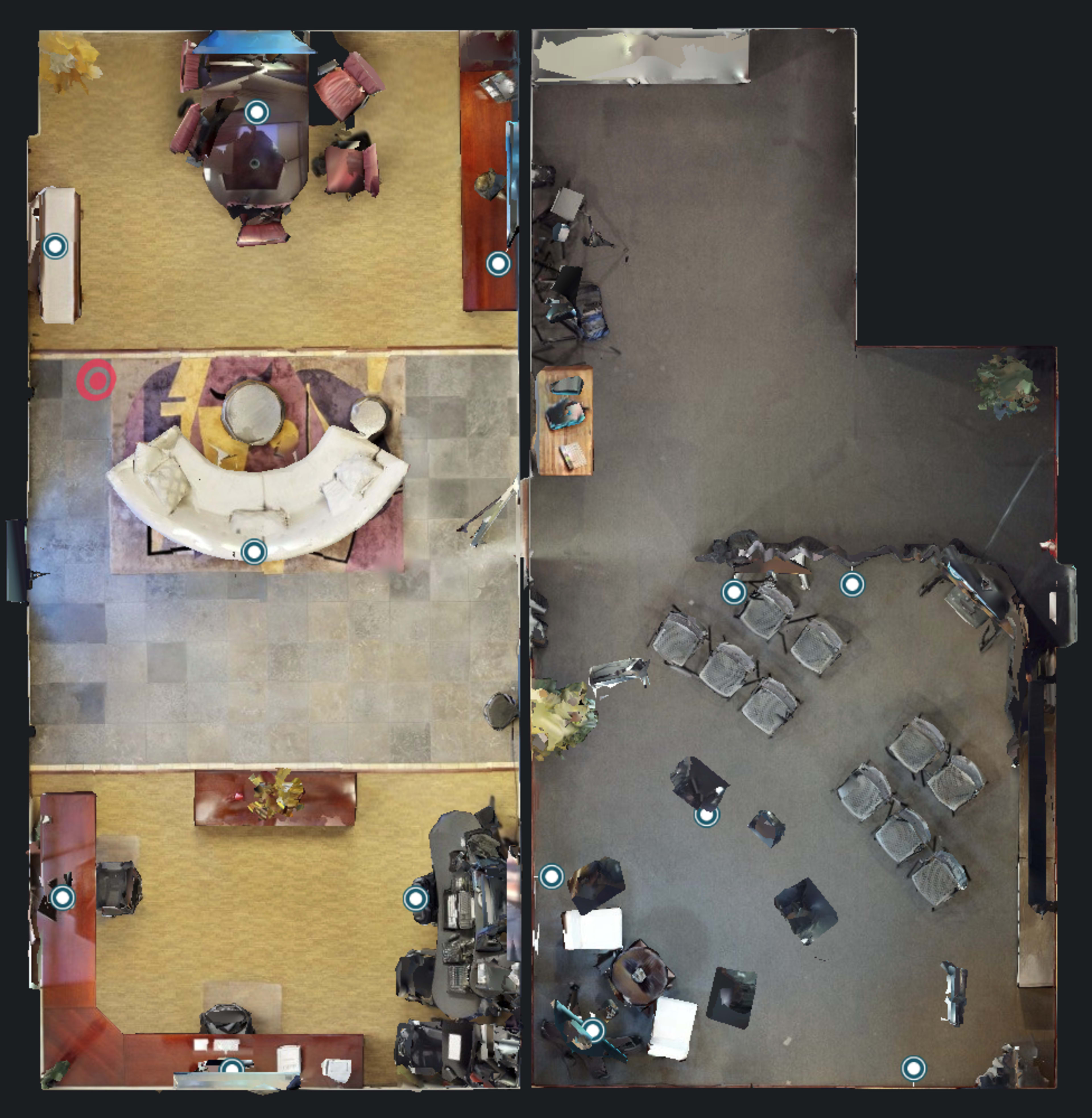 The image shows a layout of a space divided into two areas, featuring various furniture arrangements including tables, chairs, and a sectional sofa.