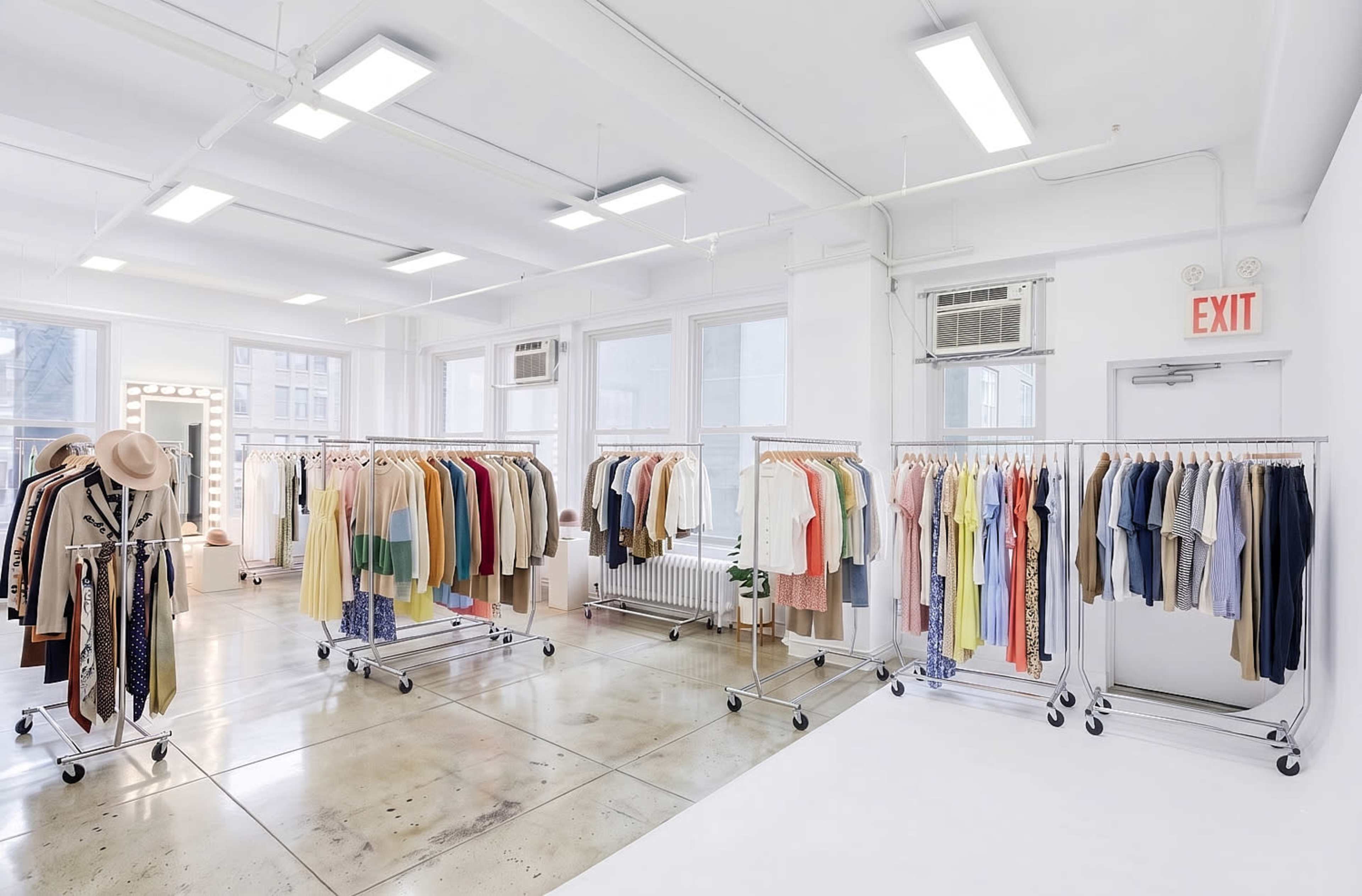 The image shows a bright, modern retail space with multiple clothing racks displaying a variety of garments arranged neatly against white walls and large windows.