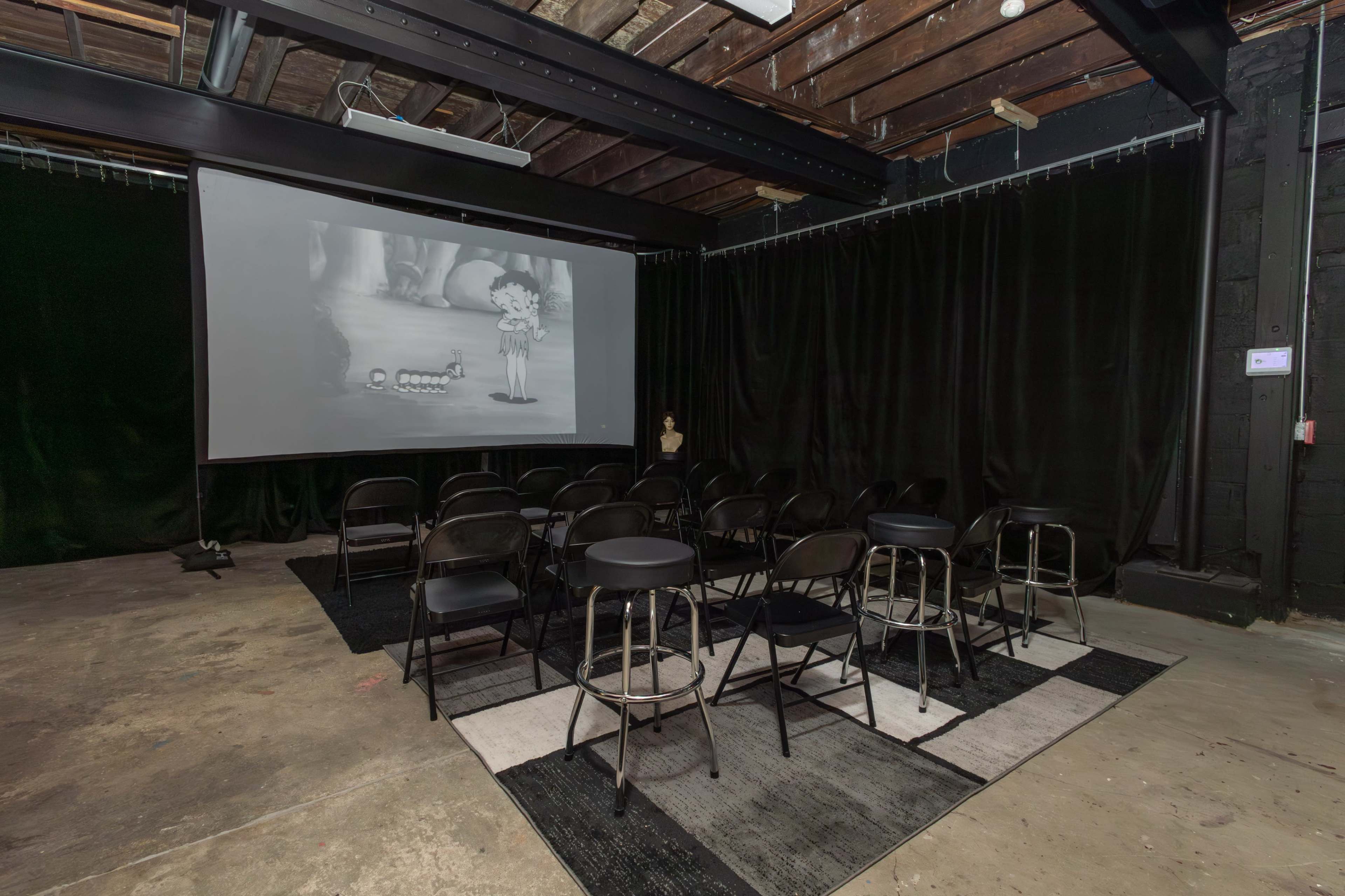The image shows a small indoor space set up with black chairs arranged in a semicircle facing a large screen displaying a black-and-white animated film, with dark curtains in the background.