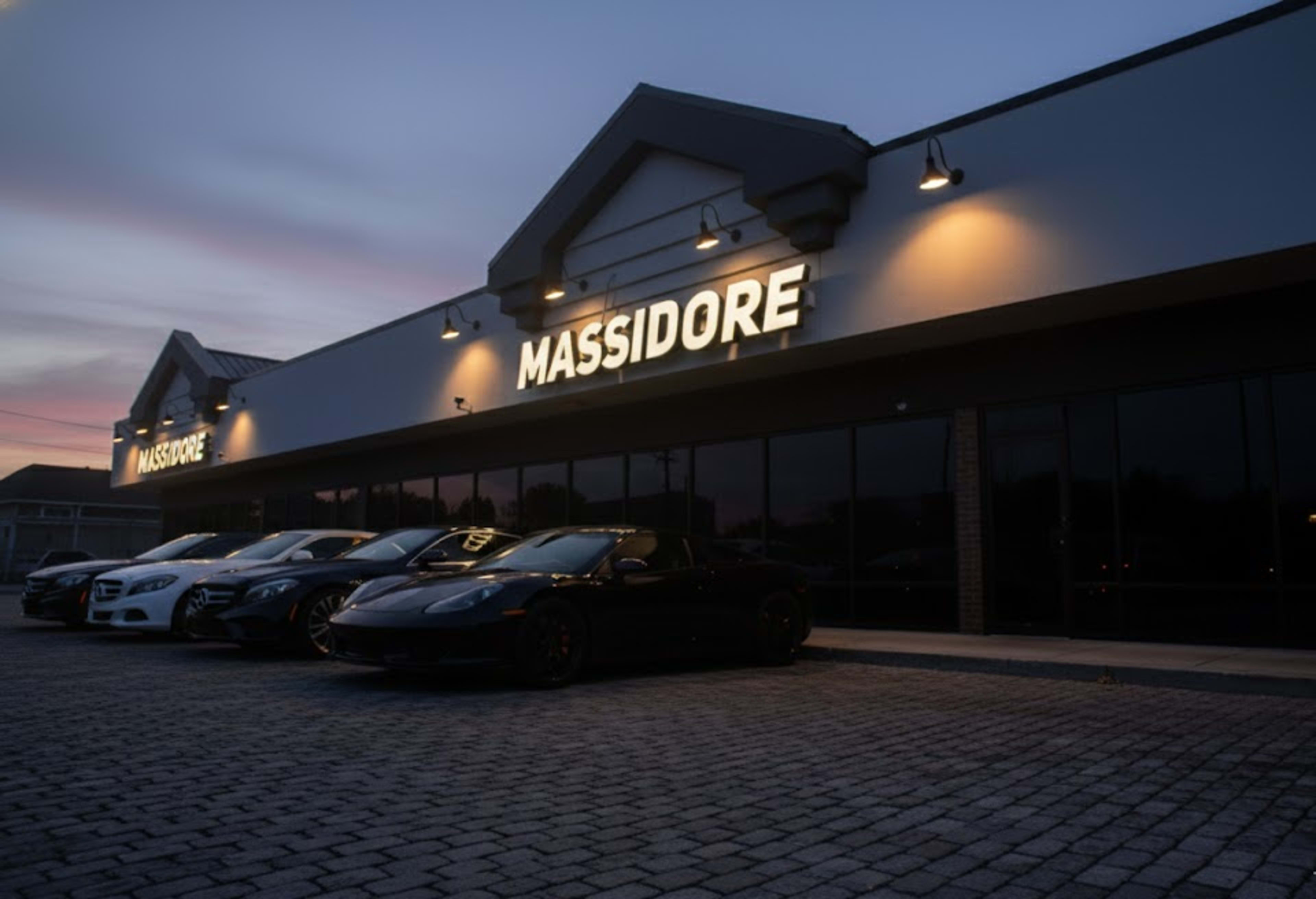 The image shows a row of parked luxury cars in front of a building with the illuminated sign "MASSIDORE" at dusk.
