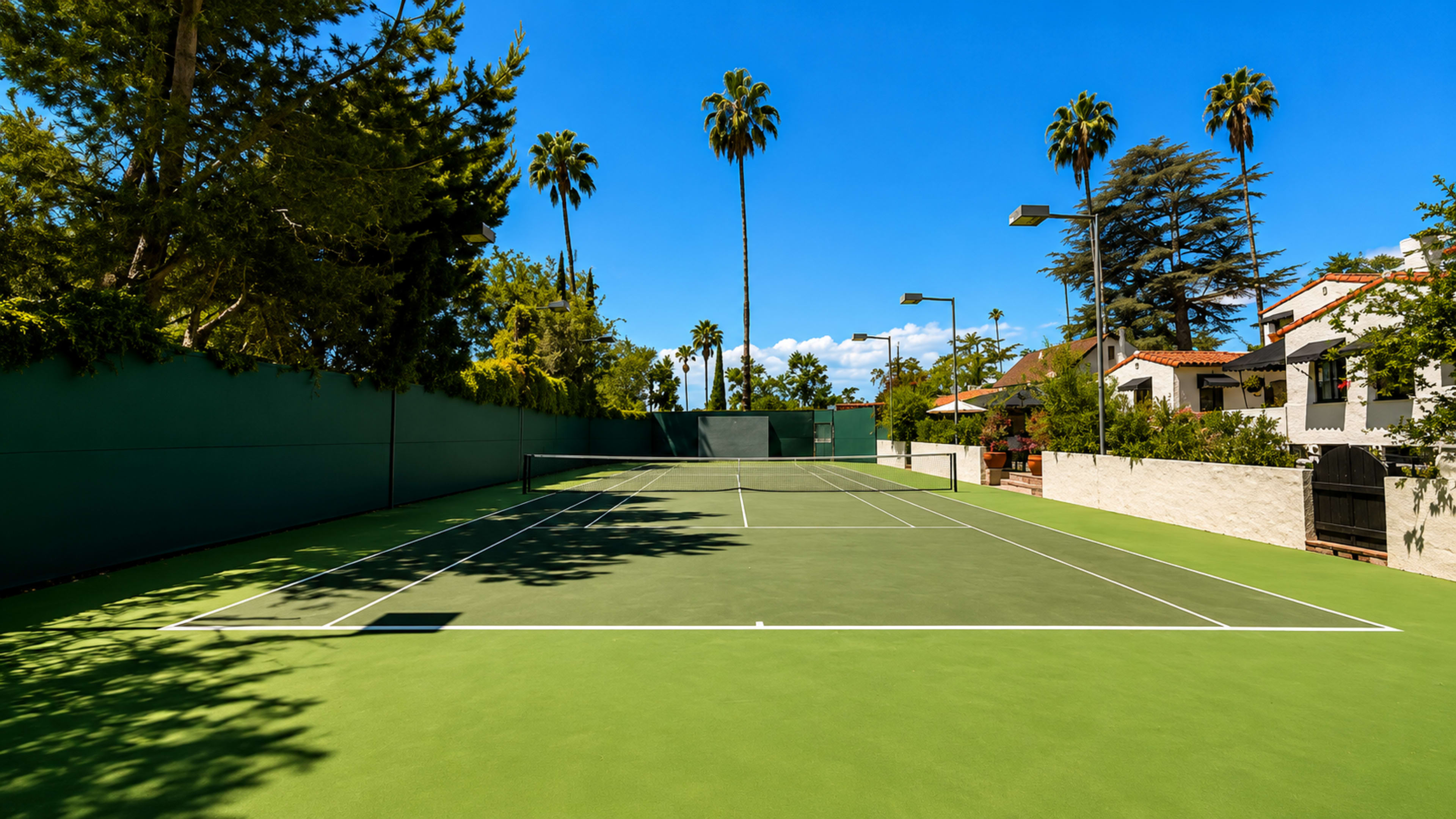 The image shows a tennis court surrounded by palm trees and residential buildings under a clear blue sky.