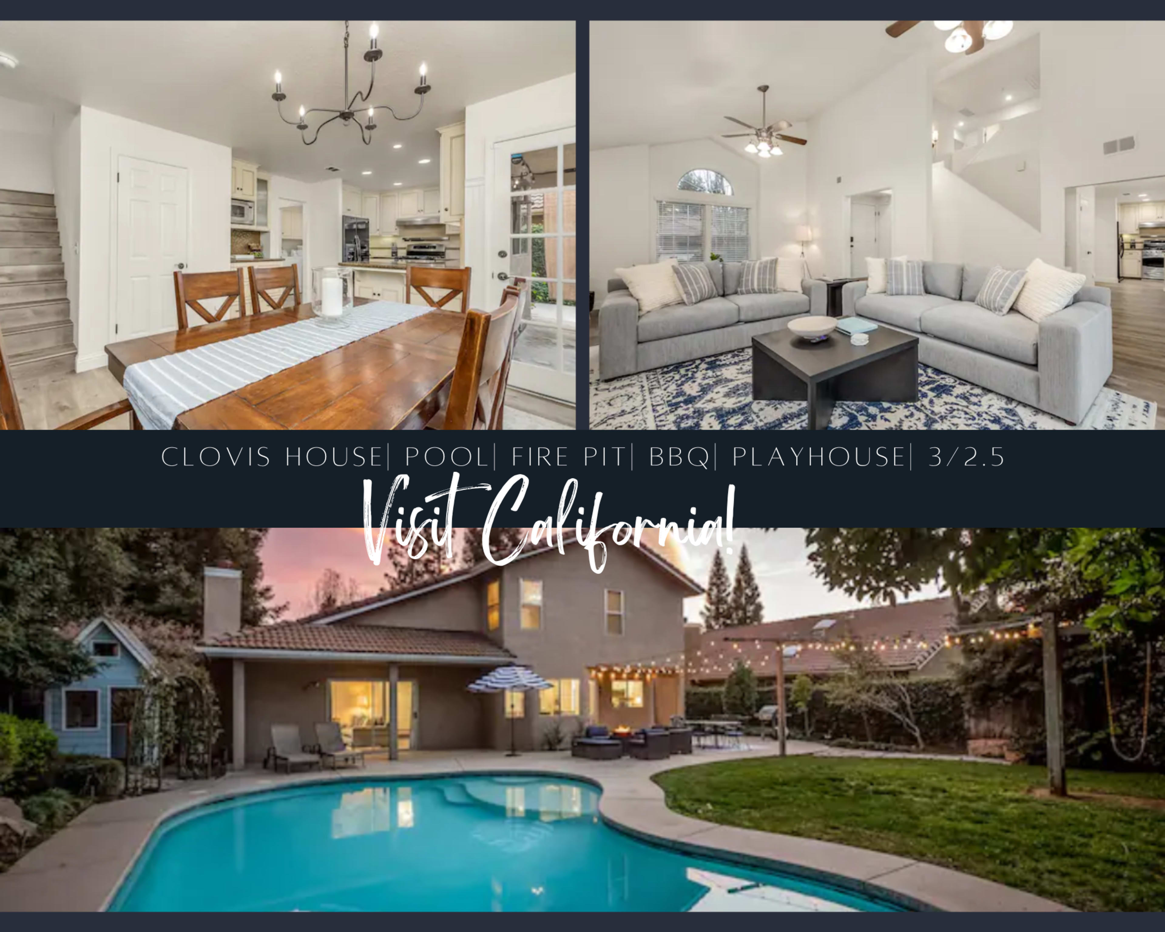 A modern house in Clovis with a dining area, living room, and backyard pool, highlighting amenities like a fire pit, BBQ, and playhouse.