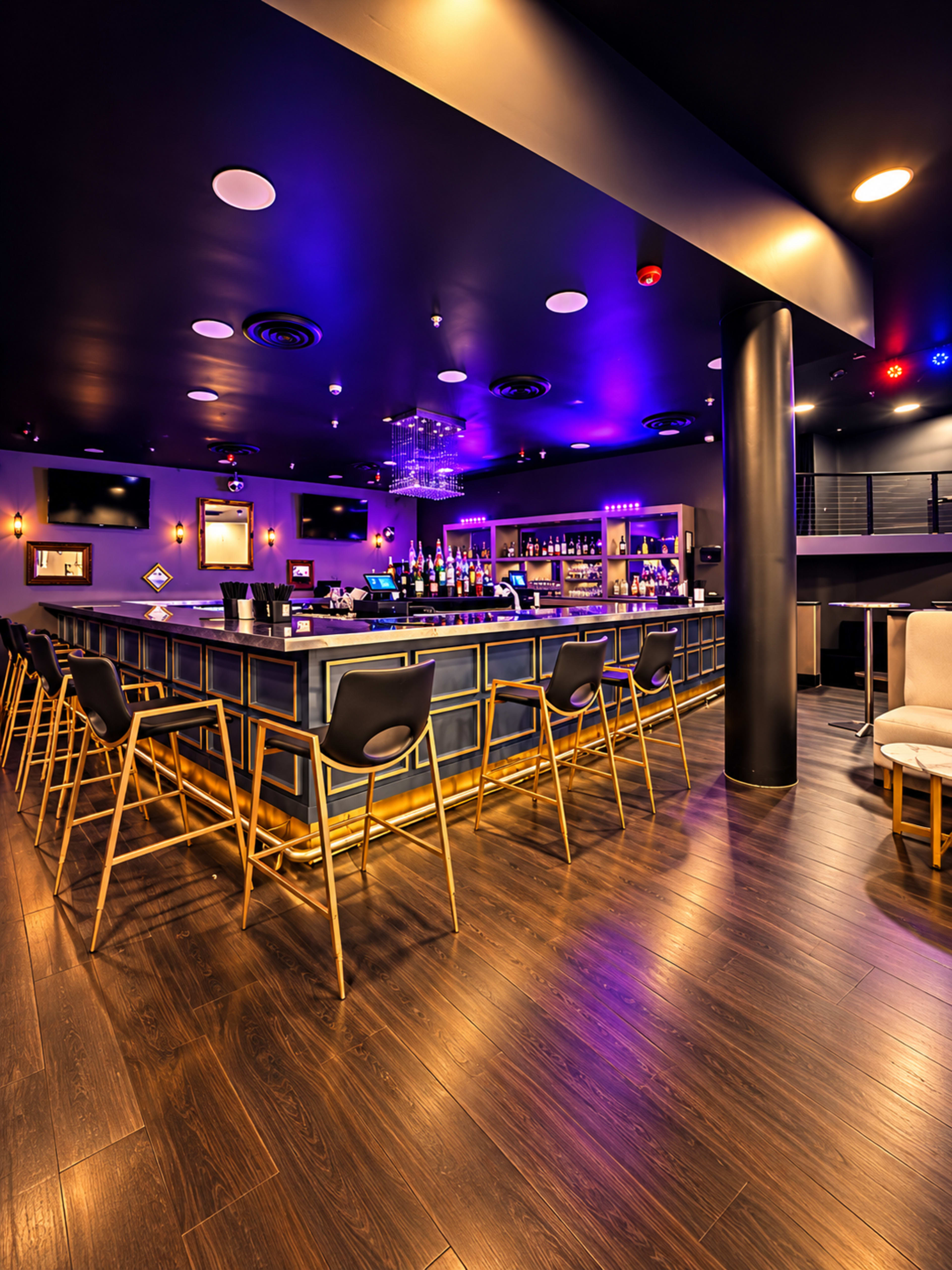 A modern bar interior features a sleek counter with high chairs, subdued lighting, and a vibrant color scheme of purple and gold.
