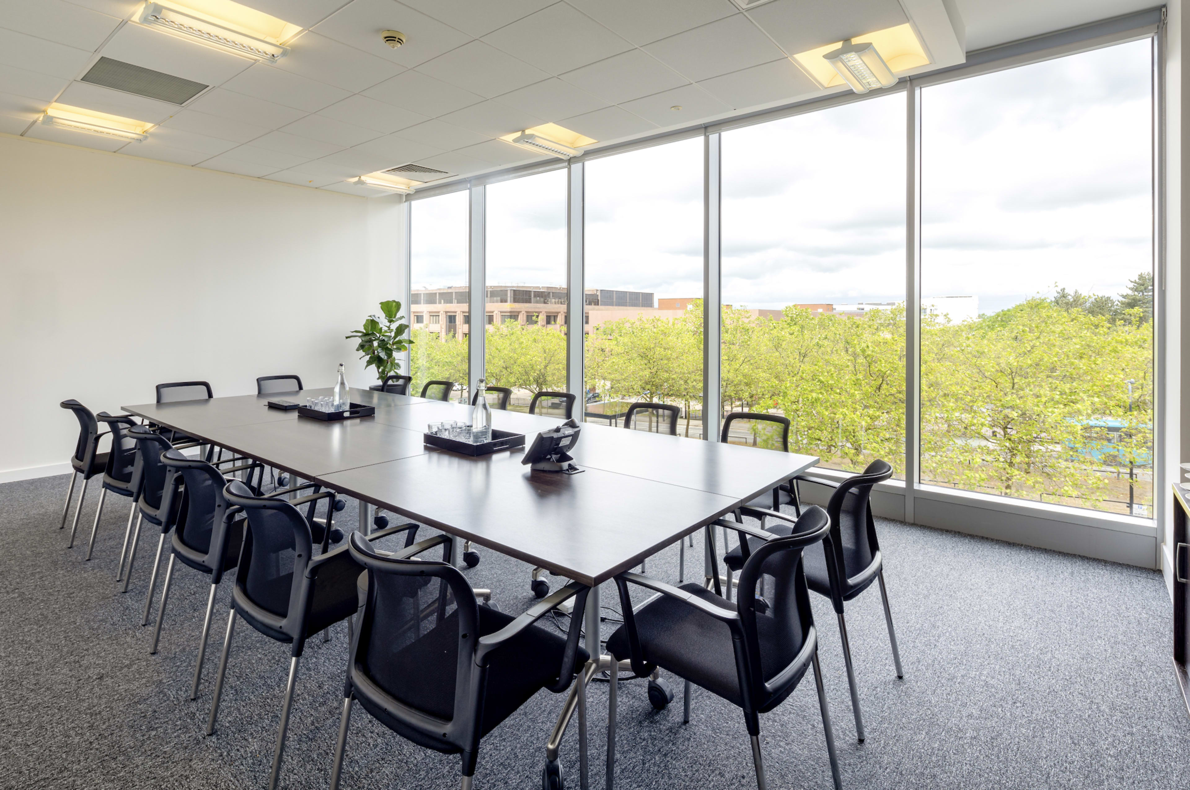 A conference room with a large table surrounded by chairs, featuring a view of trees through large windows.