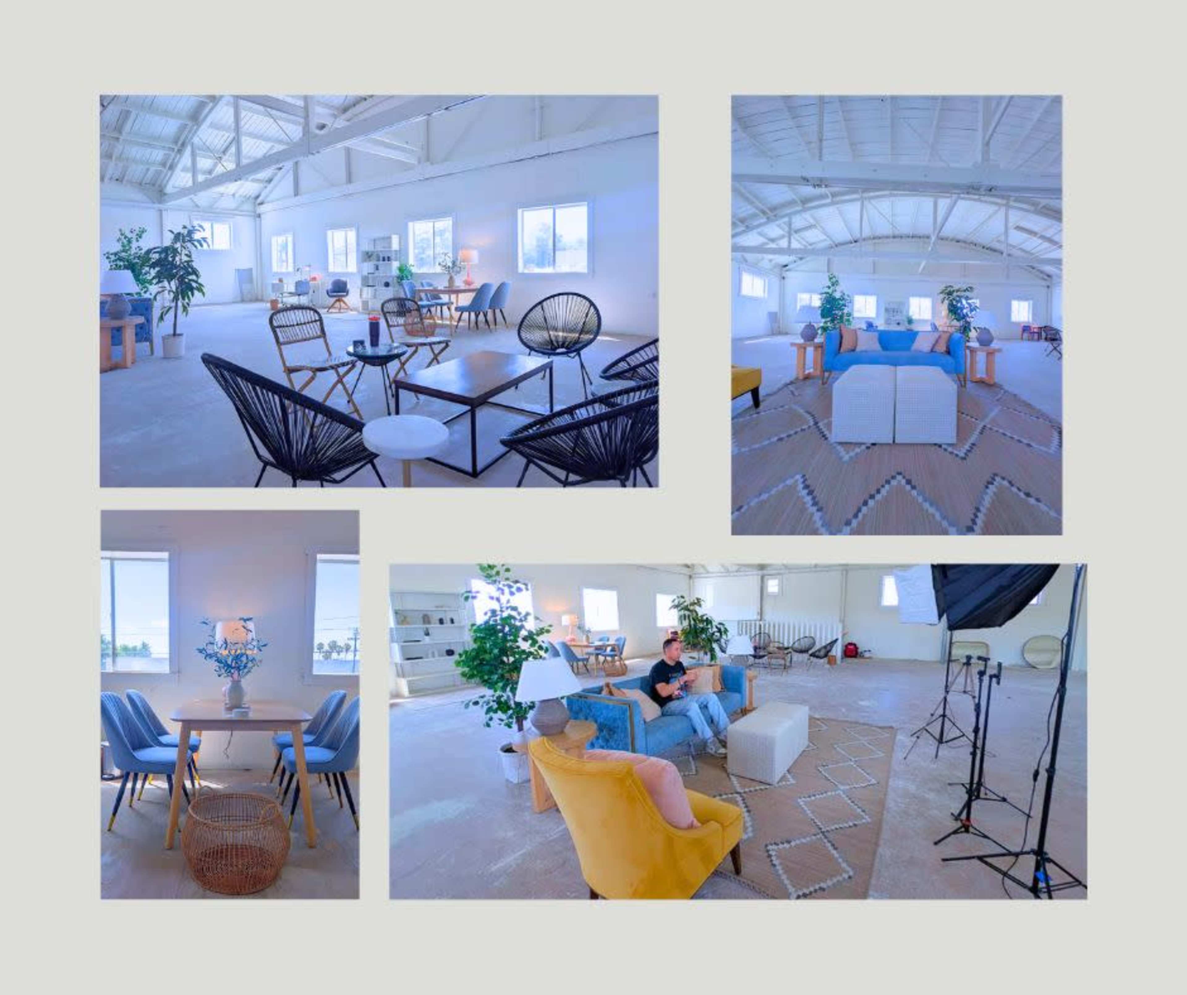 The image shows a bright, spacious interior with various seating arrangements and decorative plants in a modern setting.