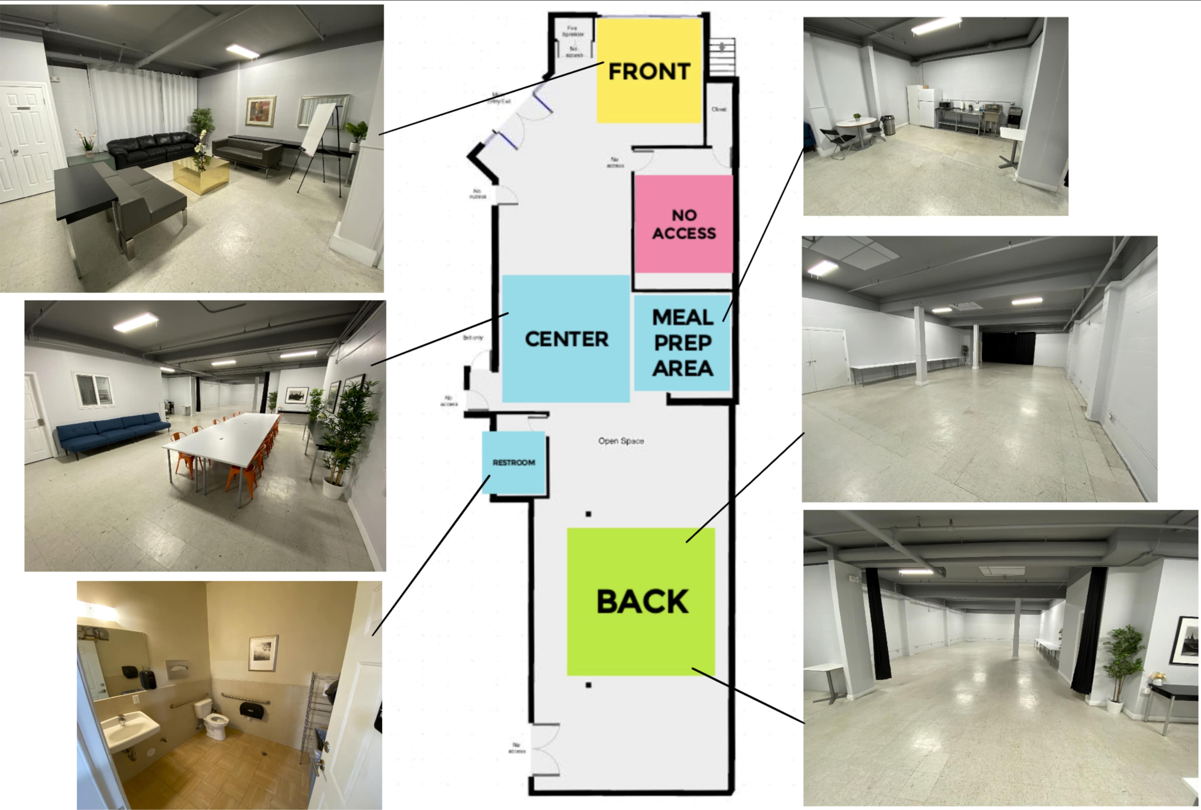 A floor plan of a building layout with labeled areas, surrounded by photographs of various sections, including seating areas, a restroom, and open spaces.