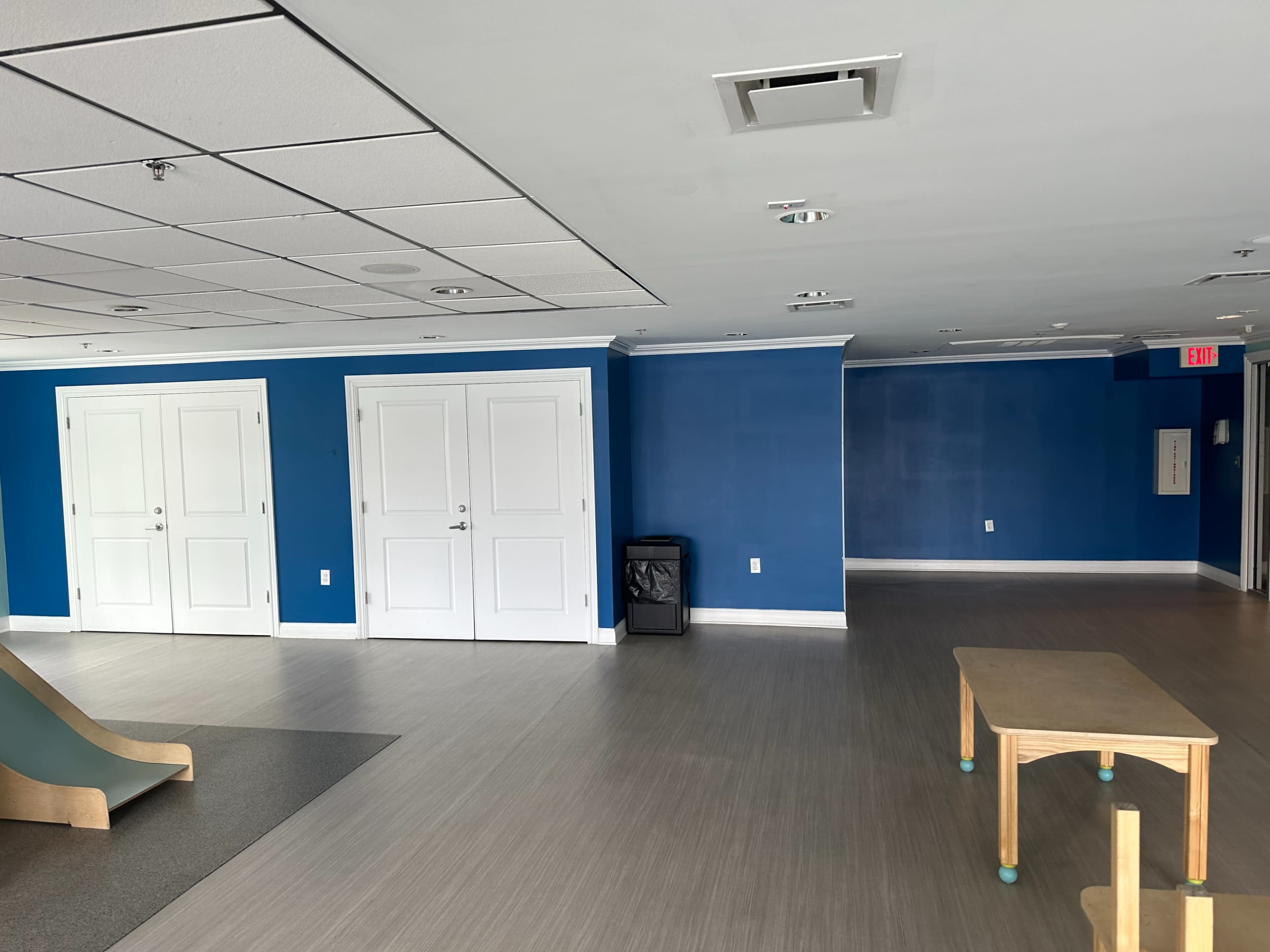 A spacious room featuring blue walls, two white double doors, a small table, and a slide structure in the corner.
