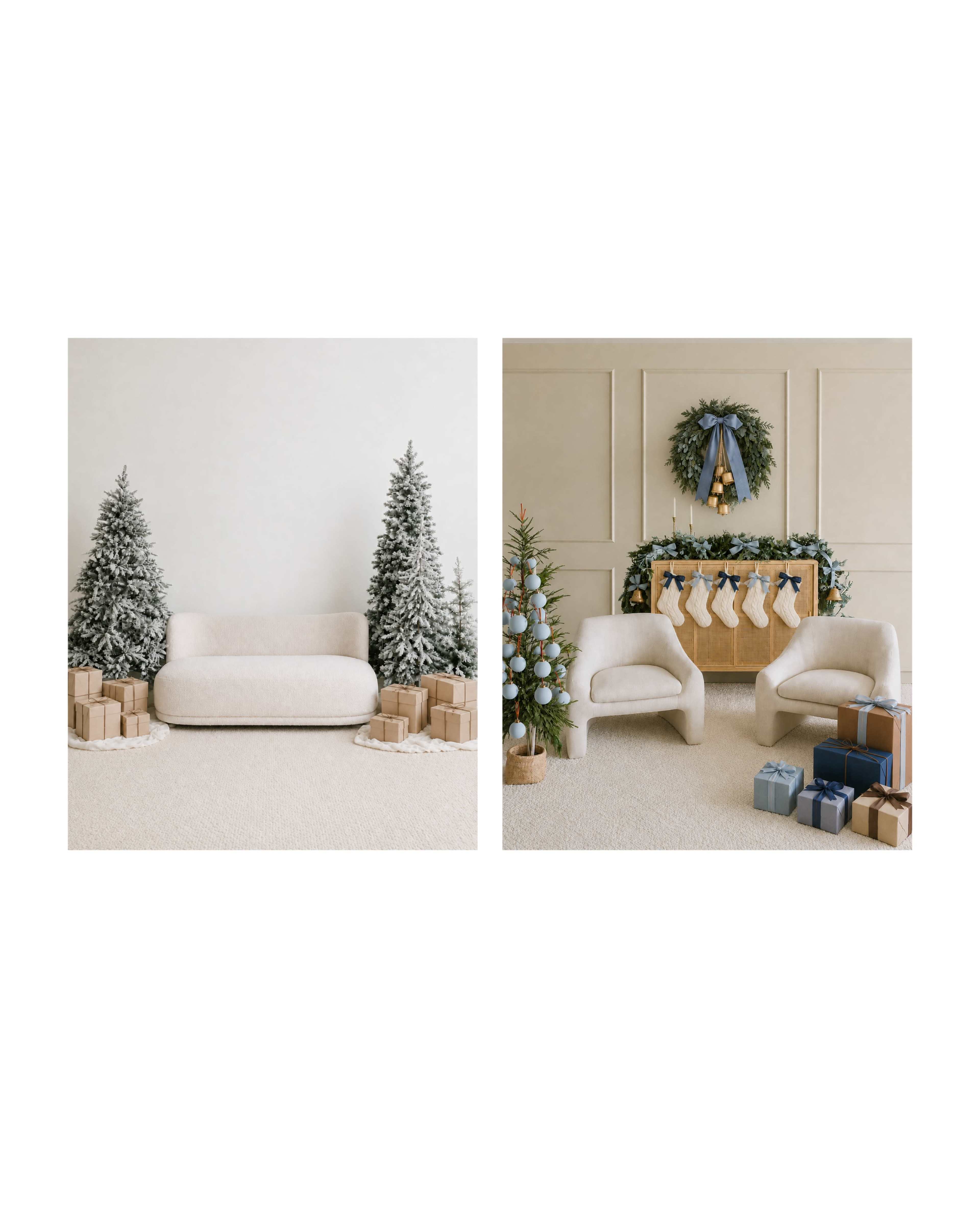 The image features a cozy holiday-themed living space with a plush sofa and armchairs, surrounded by Christmas trees and decorated with gifts and festive ornaments.