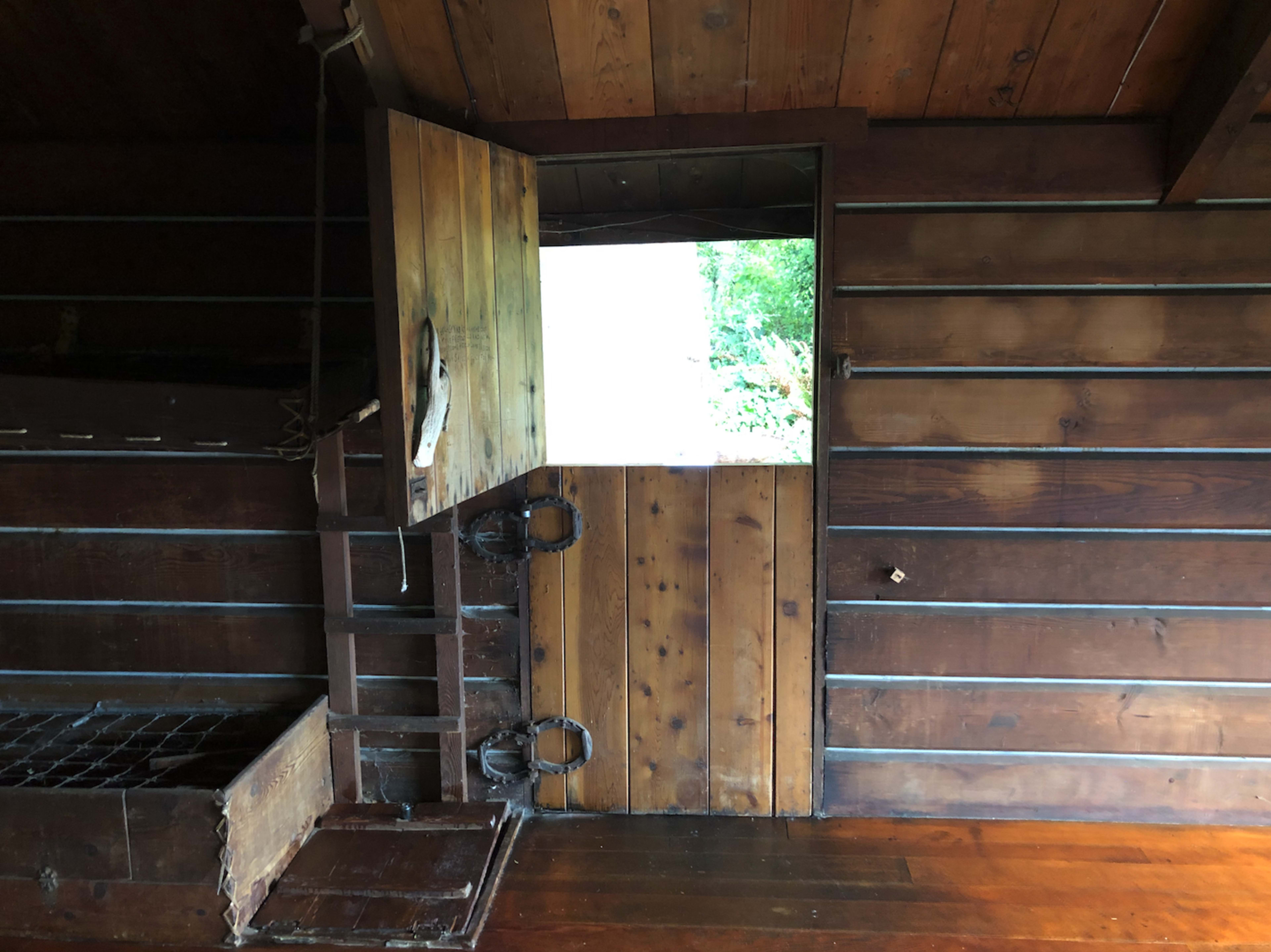 The image shows an interior view of a wooden structure with an open door leading outside and a wooden bench against the wall.
