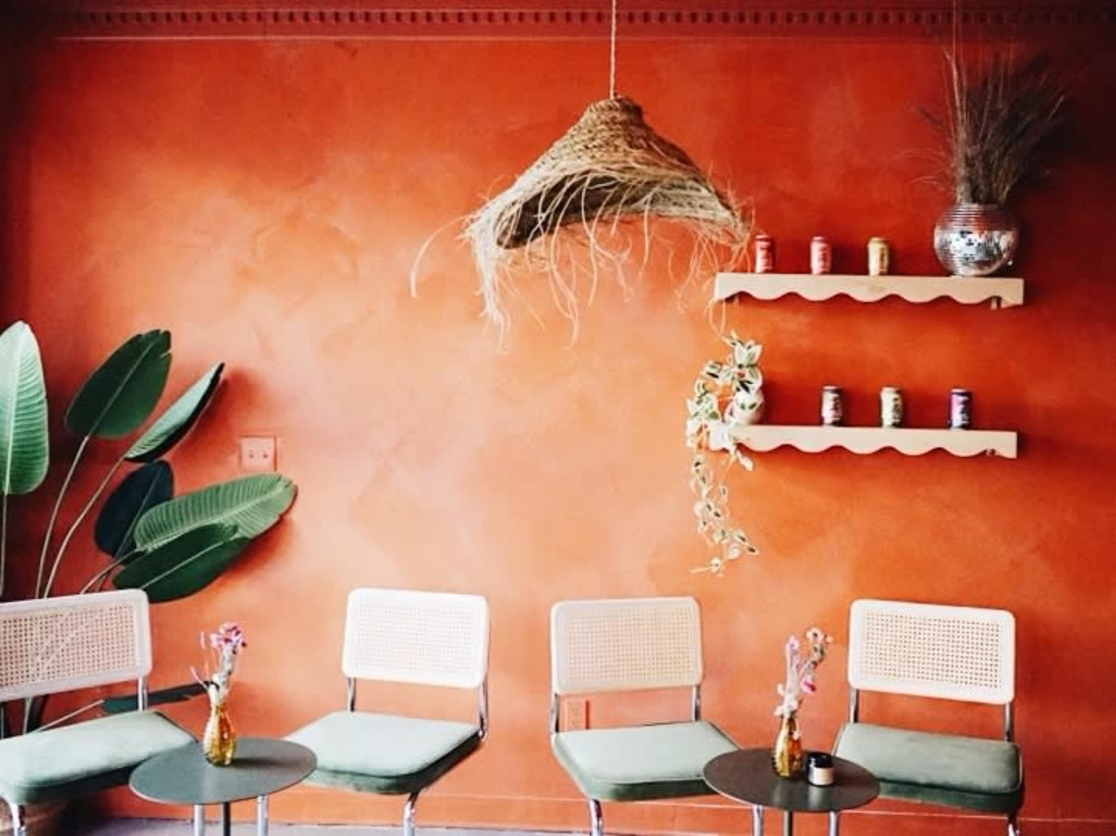 A cozy café interior featuring orange walls, green chairs, and decorative elements like hanging plants and shelves with colorful cans.
