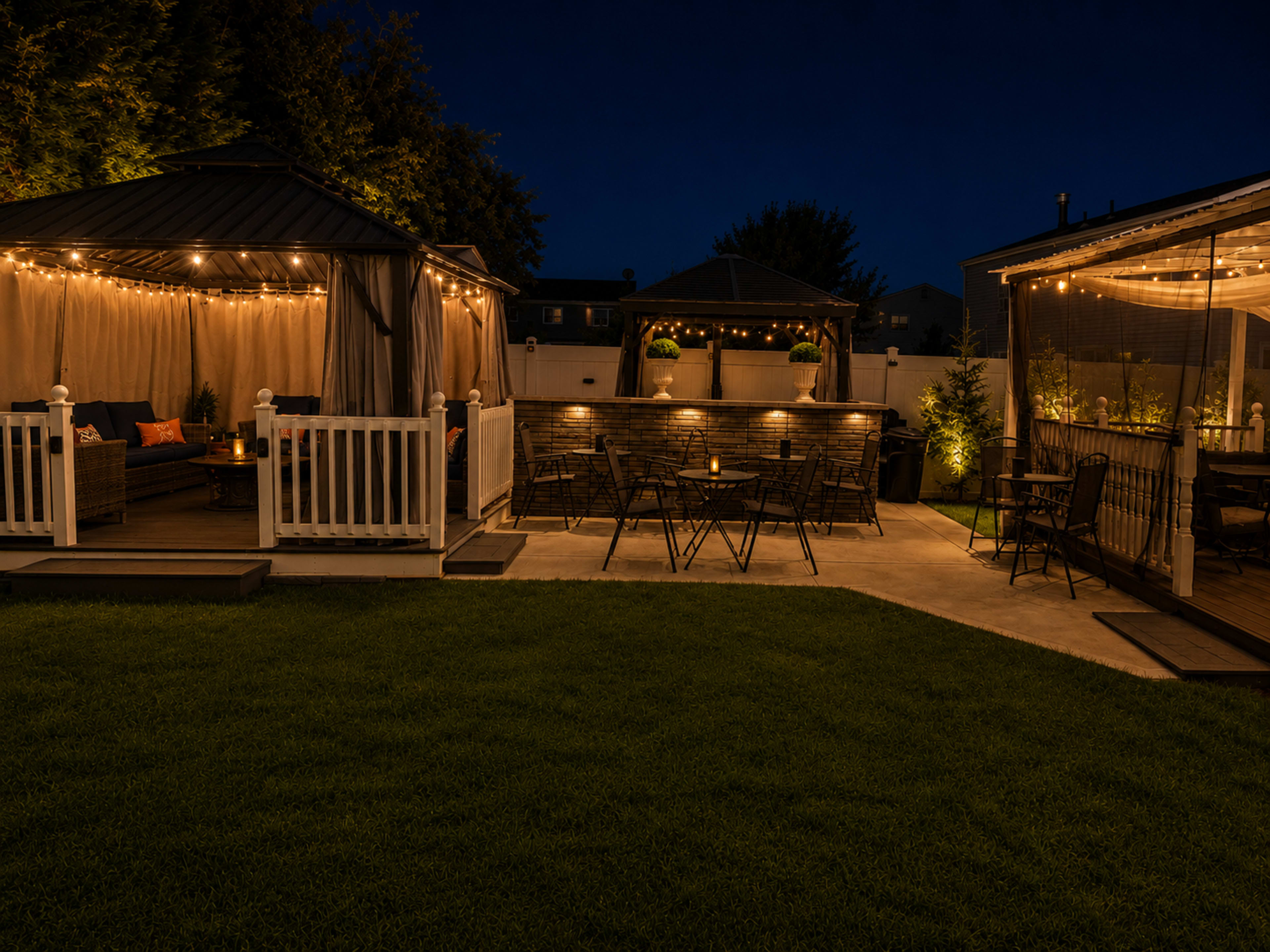 The image depicts a well-lit backyard at night featuring a gazebo with seating, a barbecue area, and patio furniture surrounded by greenery.