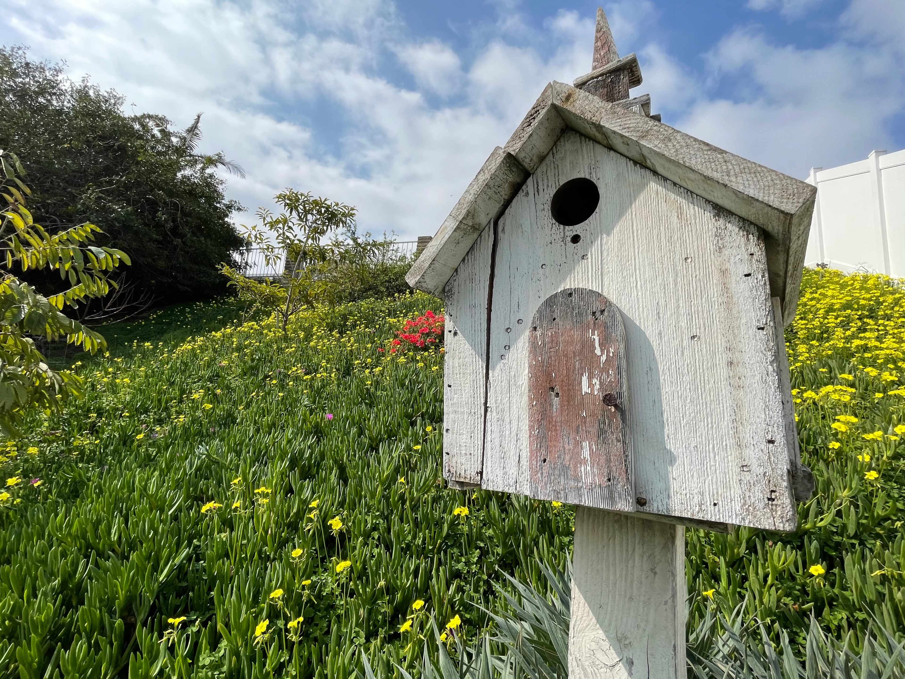 A weathered wooden birdhouse stands in front of a vibrant flower-filled garden under a partly cloudy sky.